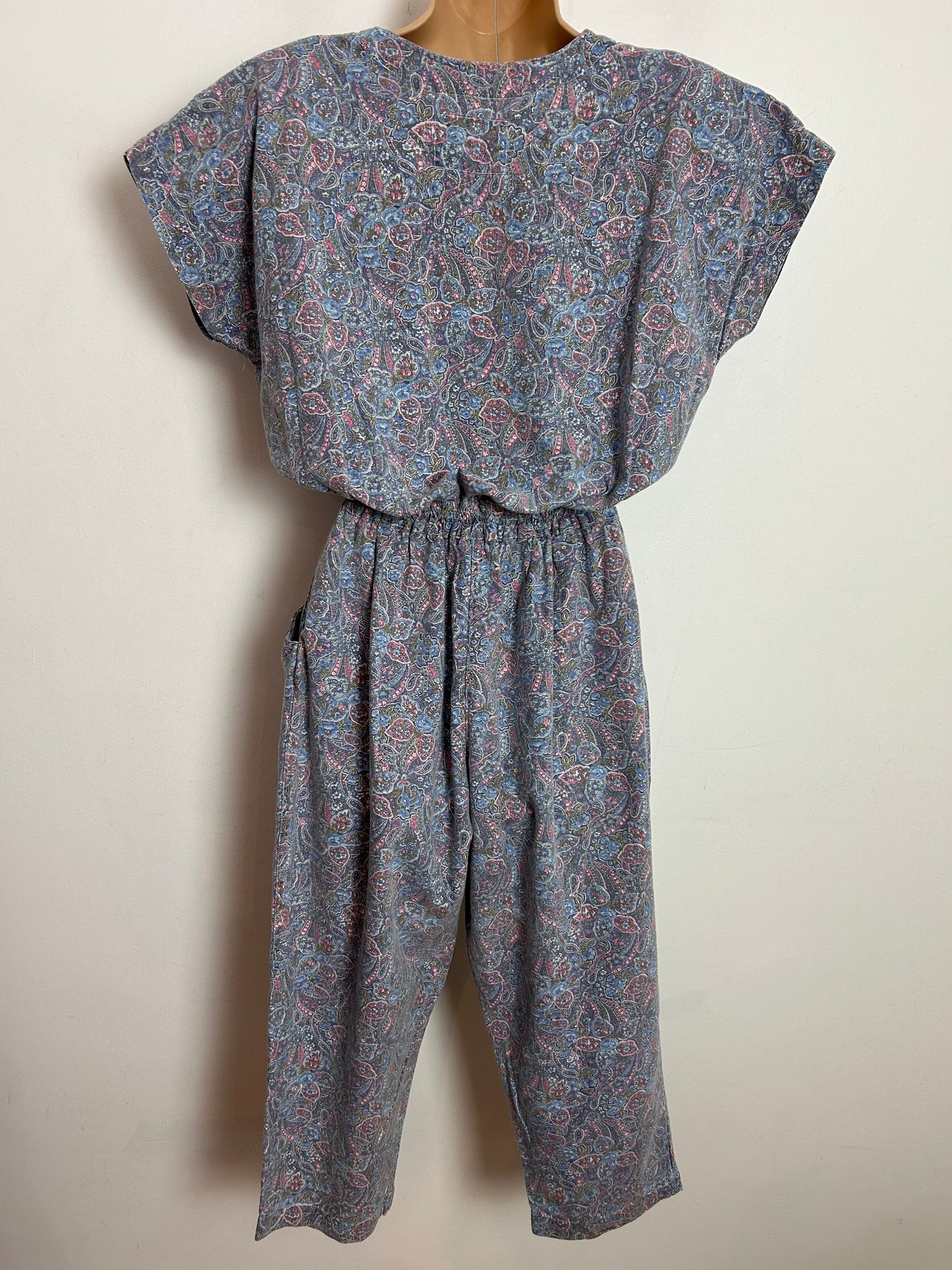 Vintage ANDREW SPORTS NEW YORK Early 1990s UK Size 10 Blue & Pink Floral & Paisley Print Cotton Cropped Casual Jumpsuit