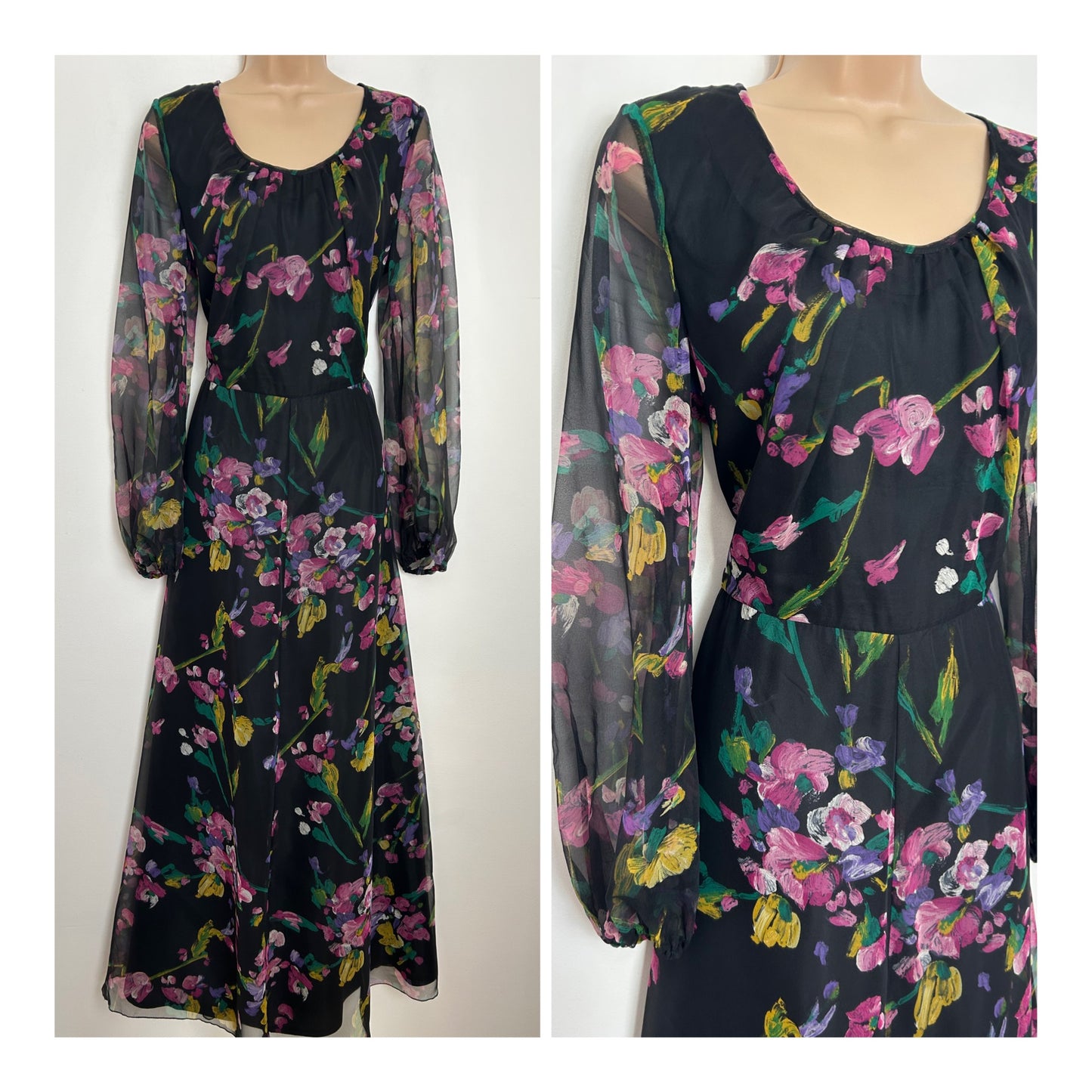 Vintage 1970s C&A Size 14 Black & Pink Floral Print Long Sleeve Chiffon Maxi Dress