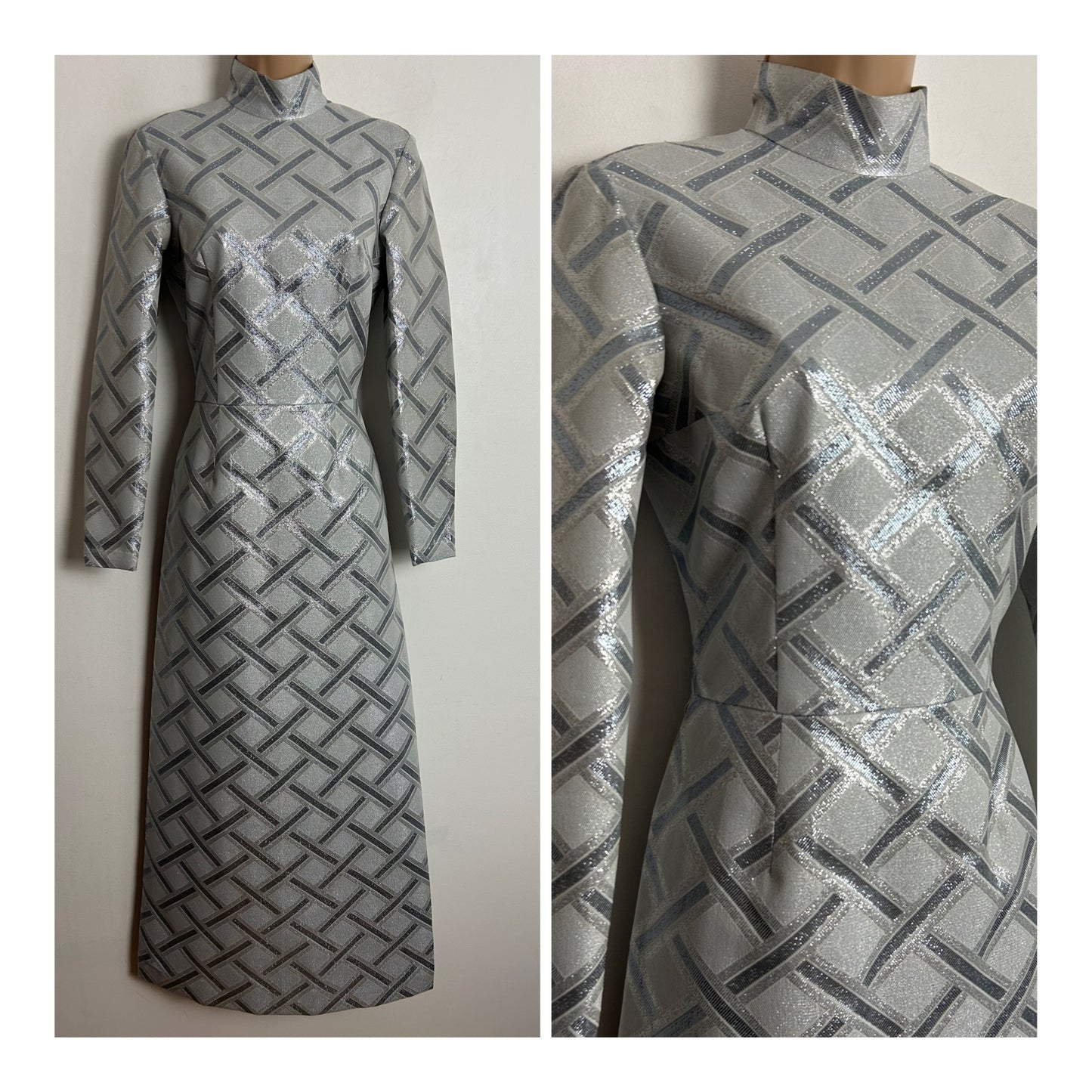 Vintage 1960s UK Size 8 Silver Metallic Glittery Lurex Brocade Long Sleeve Split Seams Occasion Maxi Dress