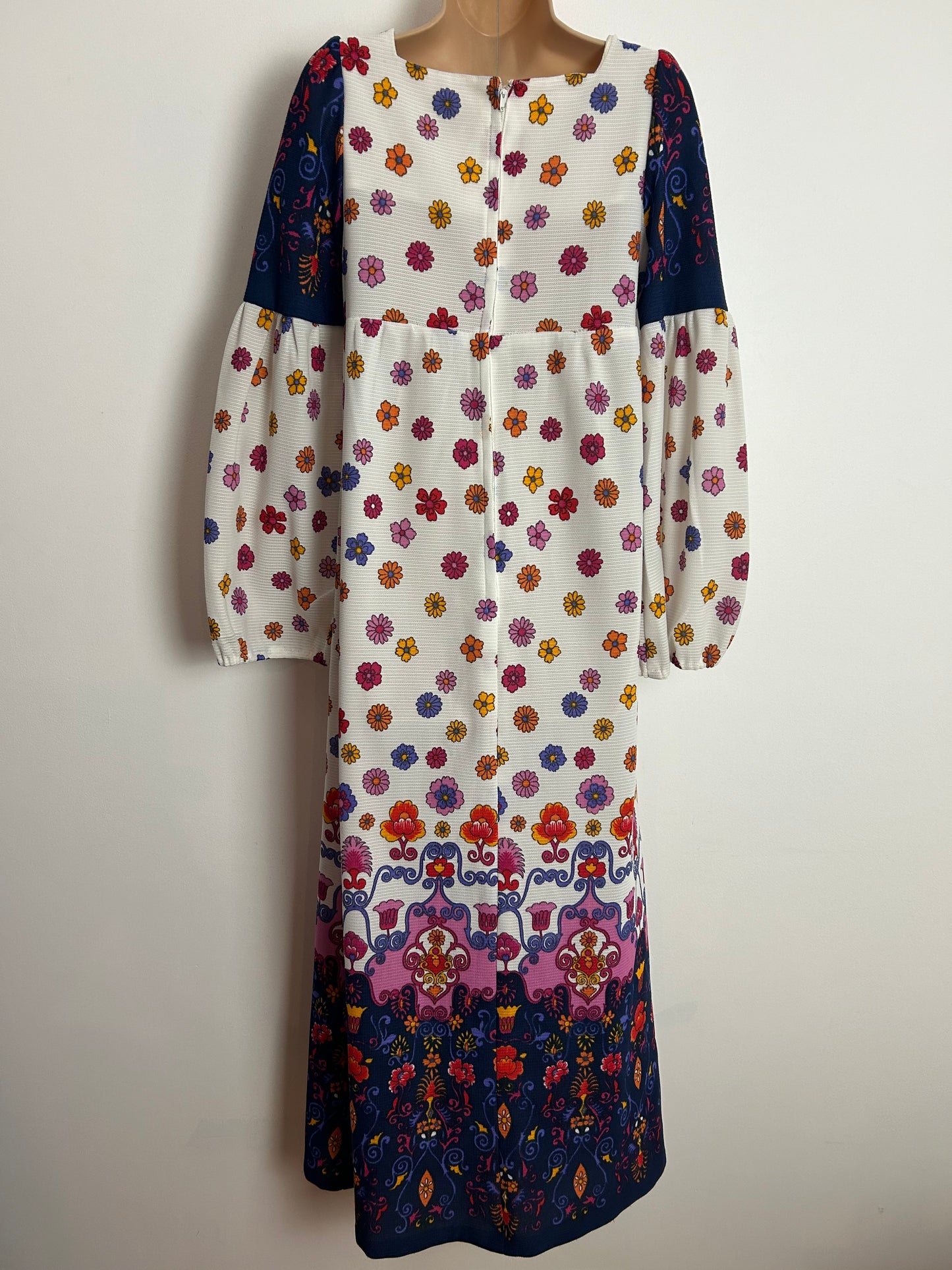 Vintage 1970s UK Size 8-10 White Blue Pink & Orange Floral Print Long Sleeve Empire Line Maxi Dress
