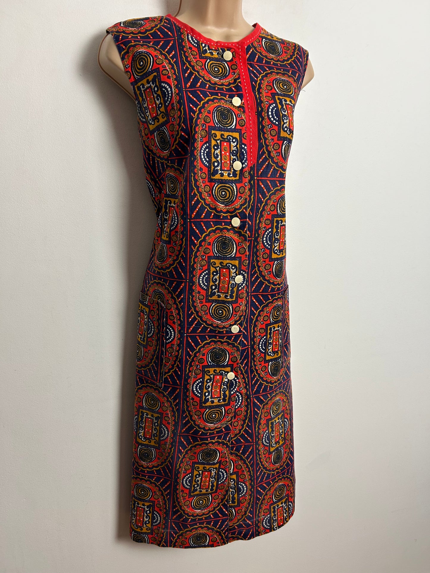 Vintage 1960s UK Size 10-12 Navy Blue Red & Mustard Abstract Print Cotton Sleeveless Shift Dress