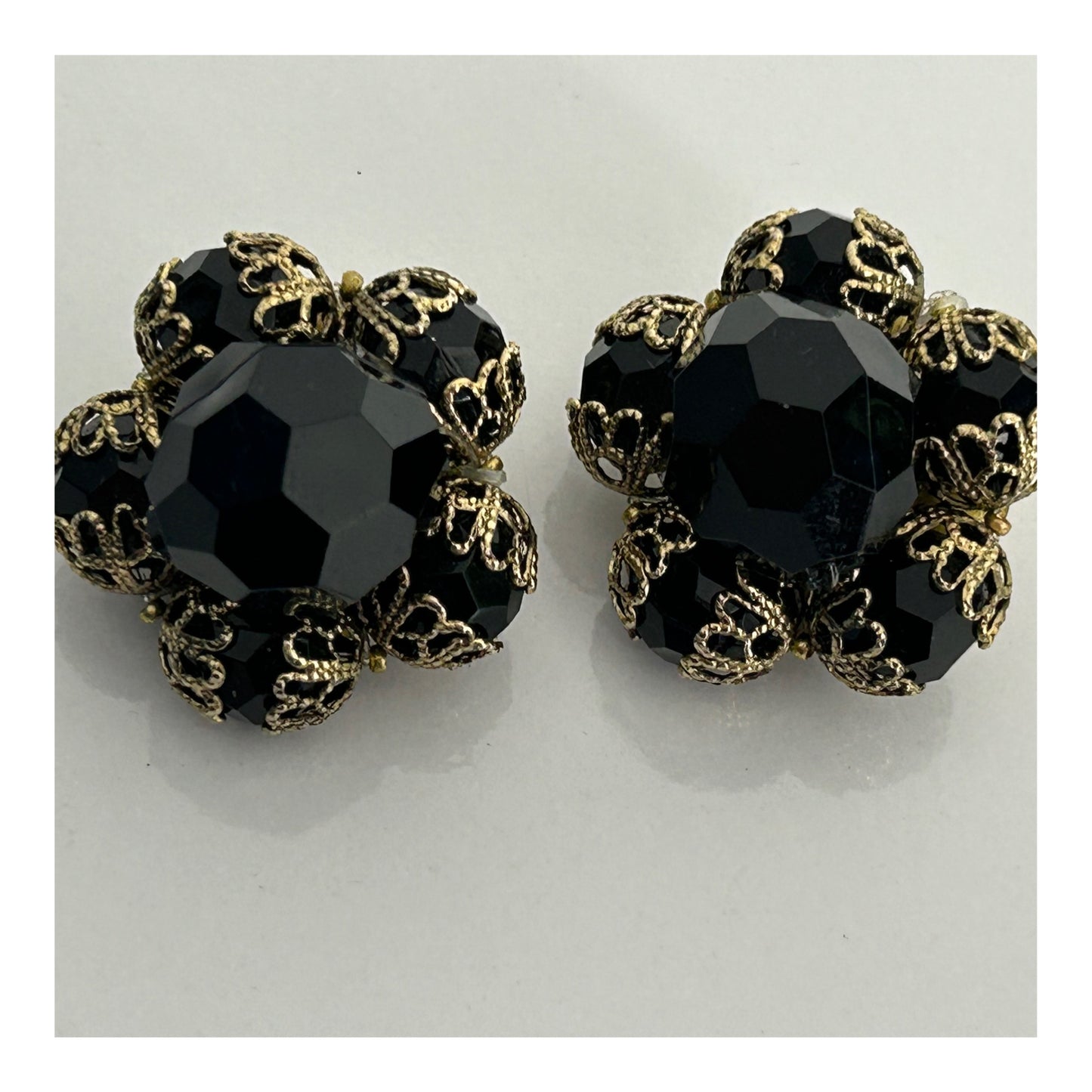 Vintage 1960s Chunky Black & Gold Flower Shaped Clip On Earrings