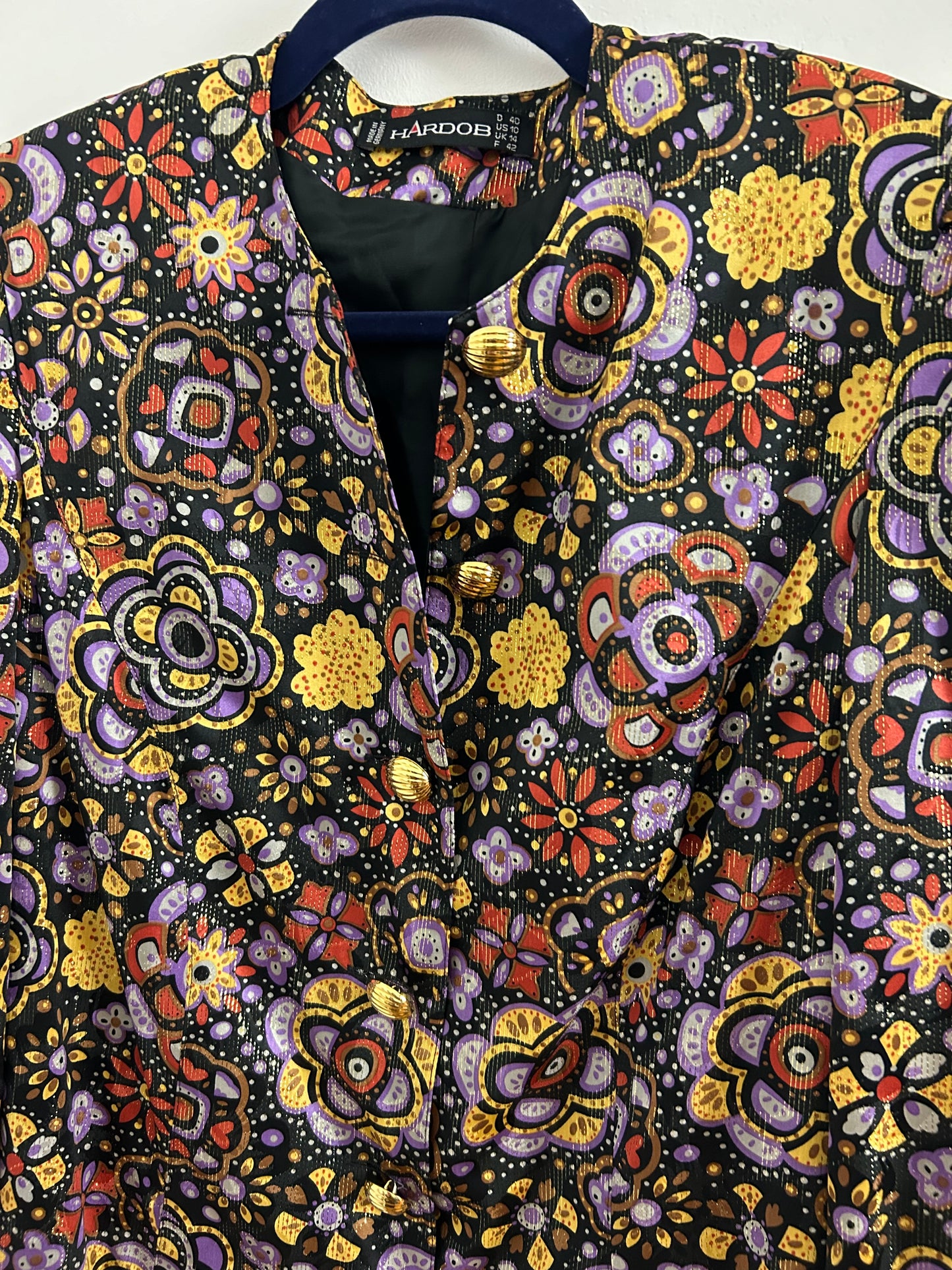 Vintage 1980s HARDOB UK Size 12 Black Lilac Gold & Red Floral Print Lurex Shift Dress/Long Tunic Top