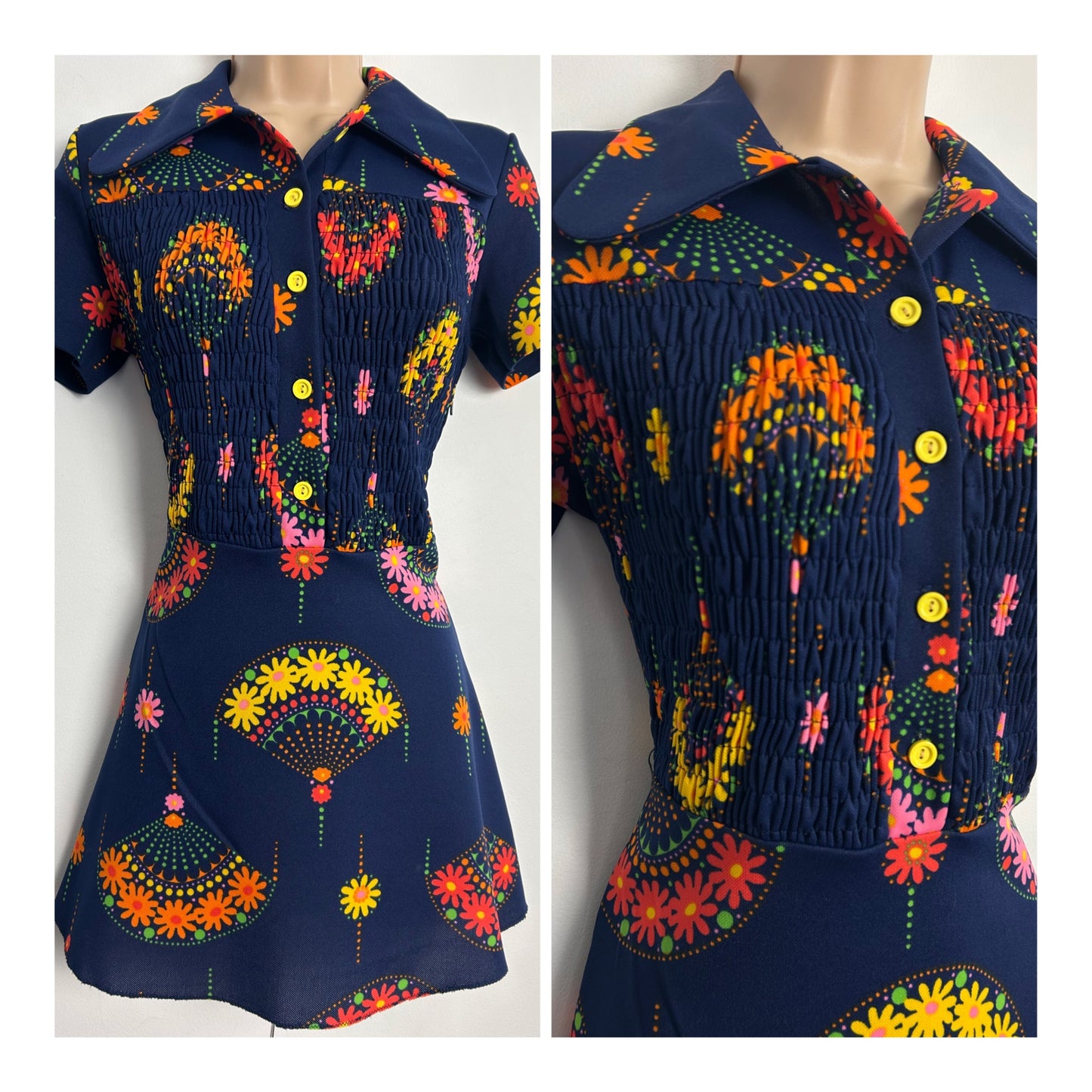 Vintage Early 1970s Size 8 Navy Blue Orange Pink Yellow & Pink Floral & Fan Print Beagle Collar Mini Dress