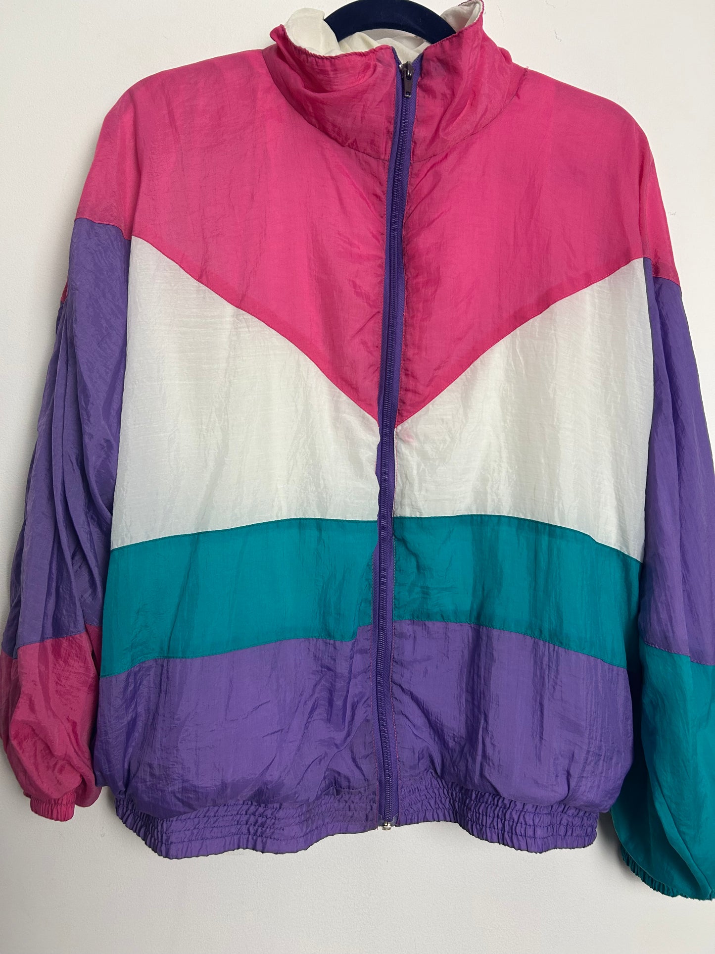 Vintage 1980s FIZZICAL Upto Size 14 Pink White Teal & Purple Shell Suit Jacket