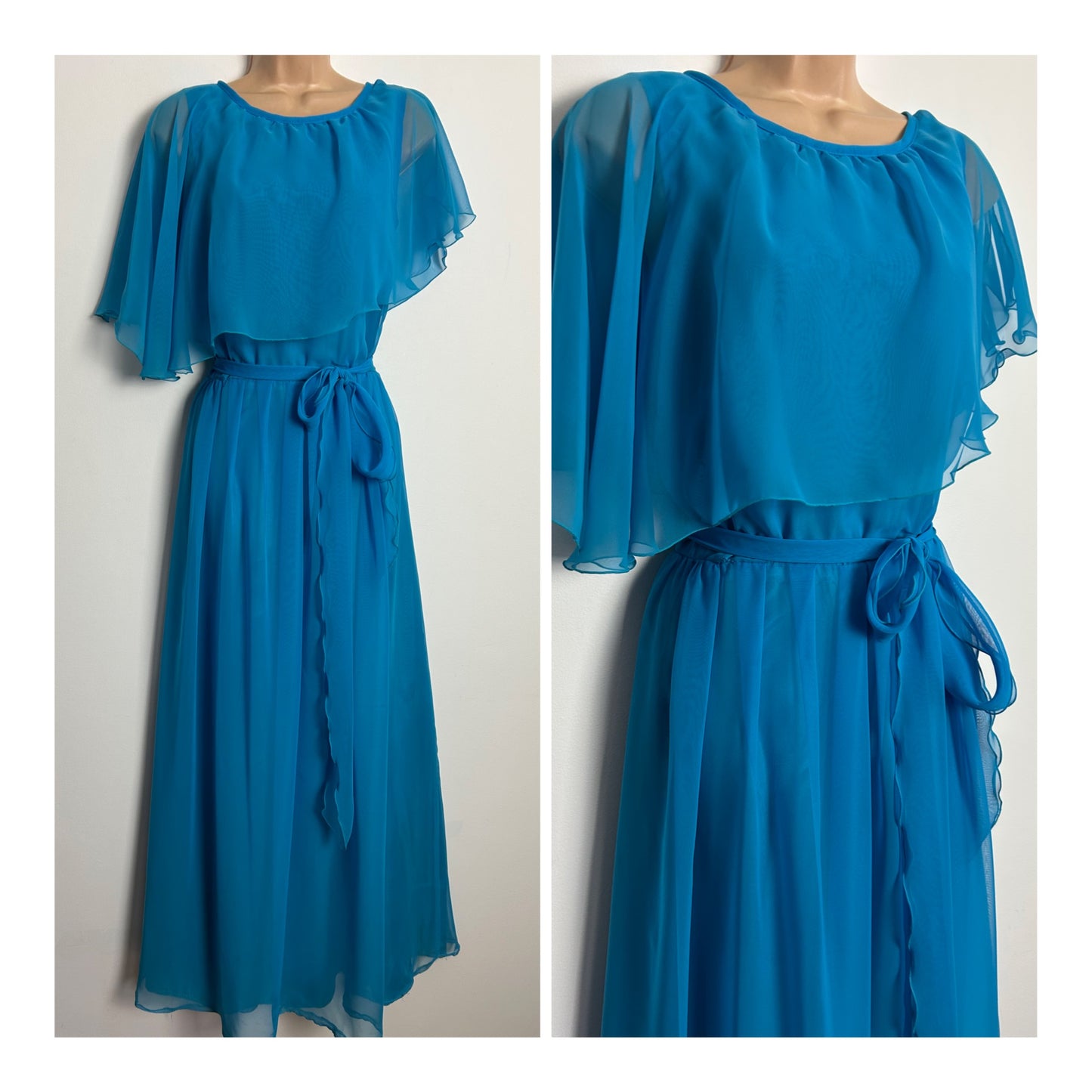 Vintage 1970s UK Size 10 Pretty Sky Blue Chiffon Asymmetrical Cape Sleeve Belted Maxi Dress