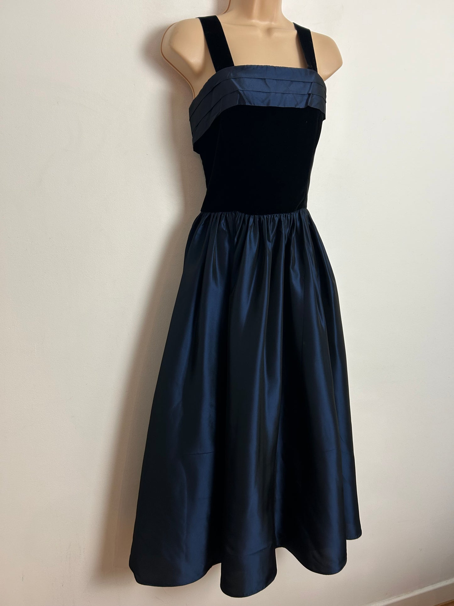 Vintage 1980s LAURA ASHLEY UK Size 10-12 ( Size 16 On Label) Midnight Blue & Black Party Dress