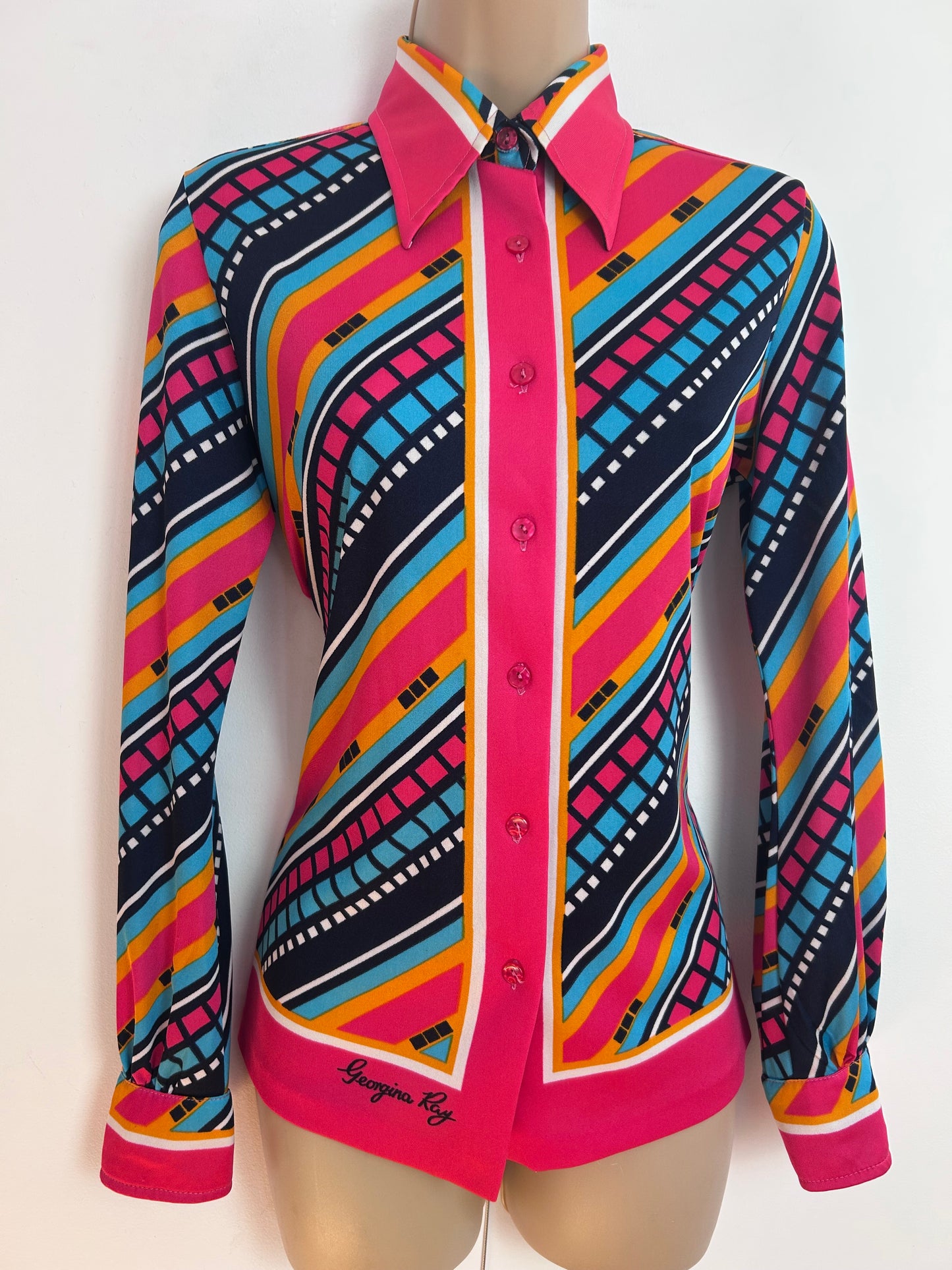 Vintage 1970s Size 10-12 JERSEY MASTERS Hot Pink Orange Turquoise &Navy Blue Stripe Long Sleeve Shir