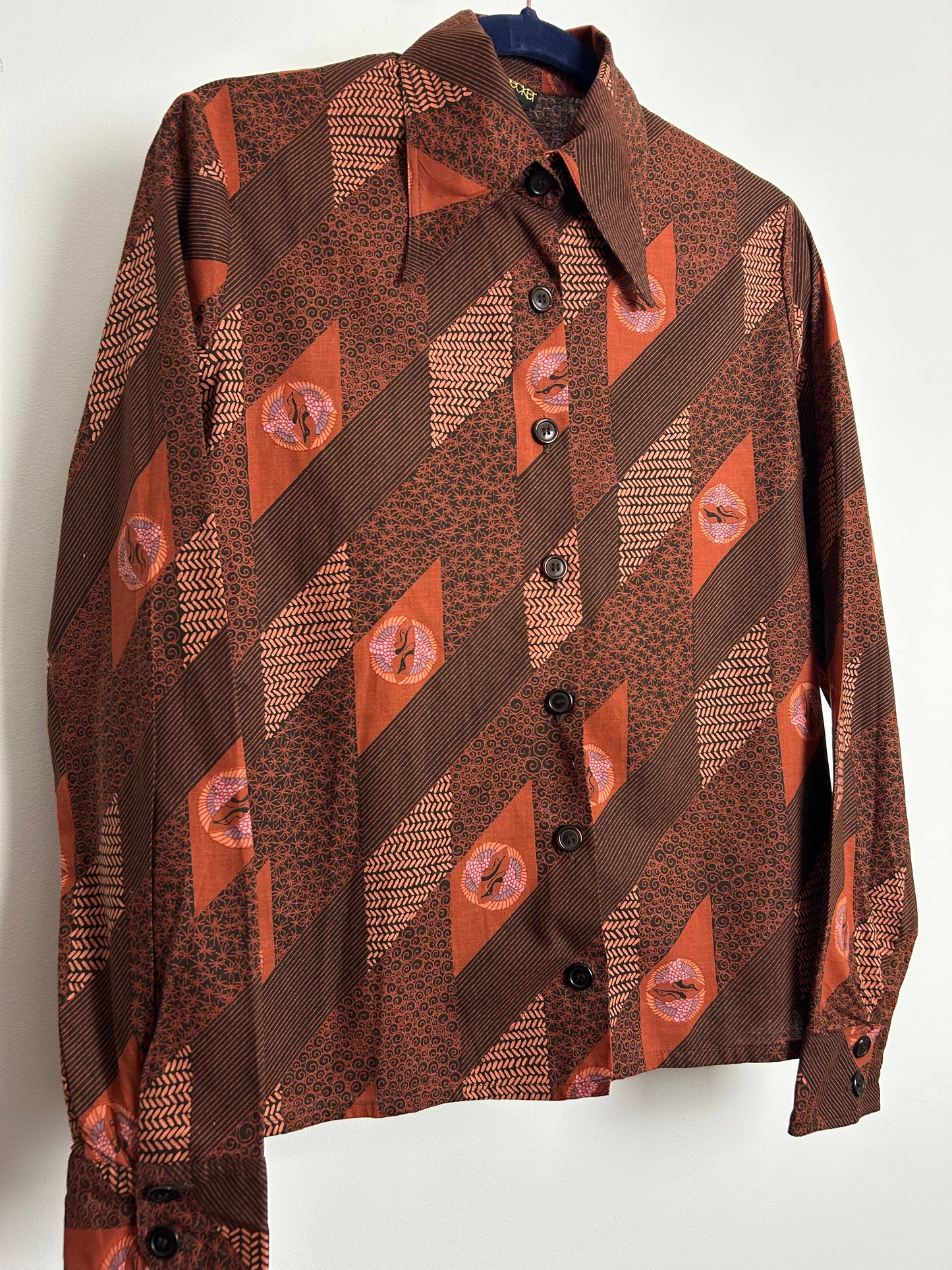Vintage 1970s STUDIO BECKER Size 8-10 Brown Tones Abstract & Bird Print Cotton Shirt