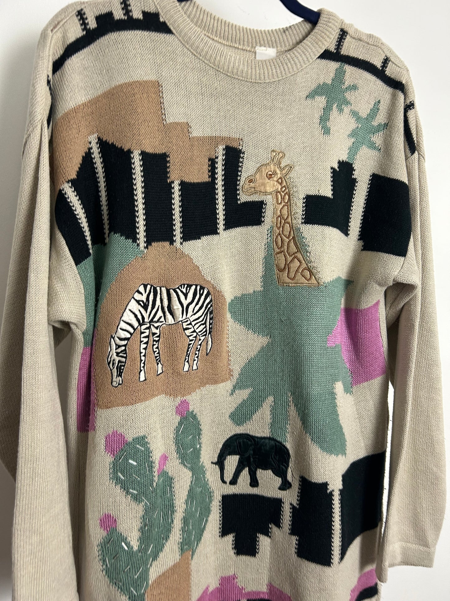 Vintage 1980s Up To Size 16 Beige Green Pink & Black Animal Applique Novelty Jumper
