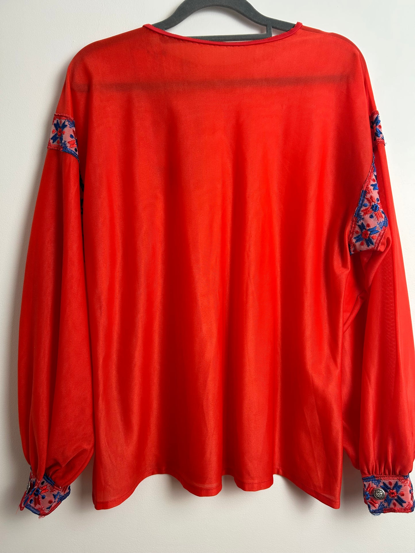 Vintage 1970s Size 12-14 Red Nylon Long Sleeve Embroidered Braid Detail Boho Top