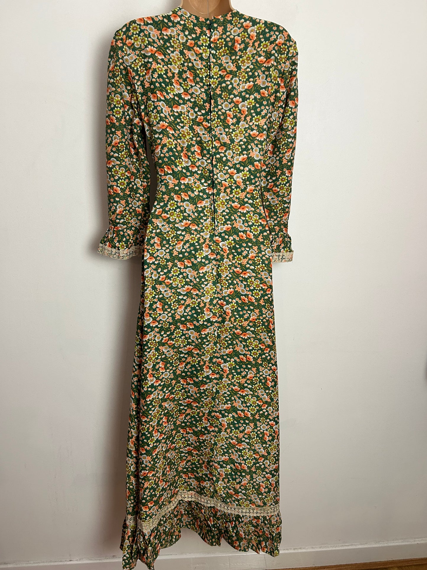Vintage 1970s UK Size 10 Pretty Green & Orange Floral Print Lace Trim Prairie Maxi Dress