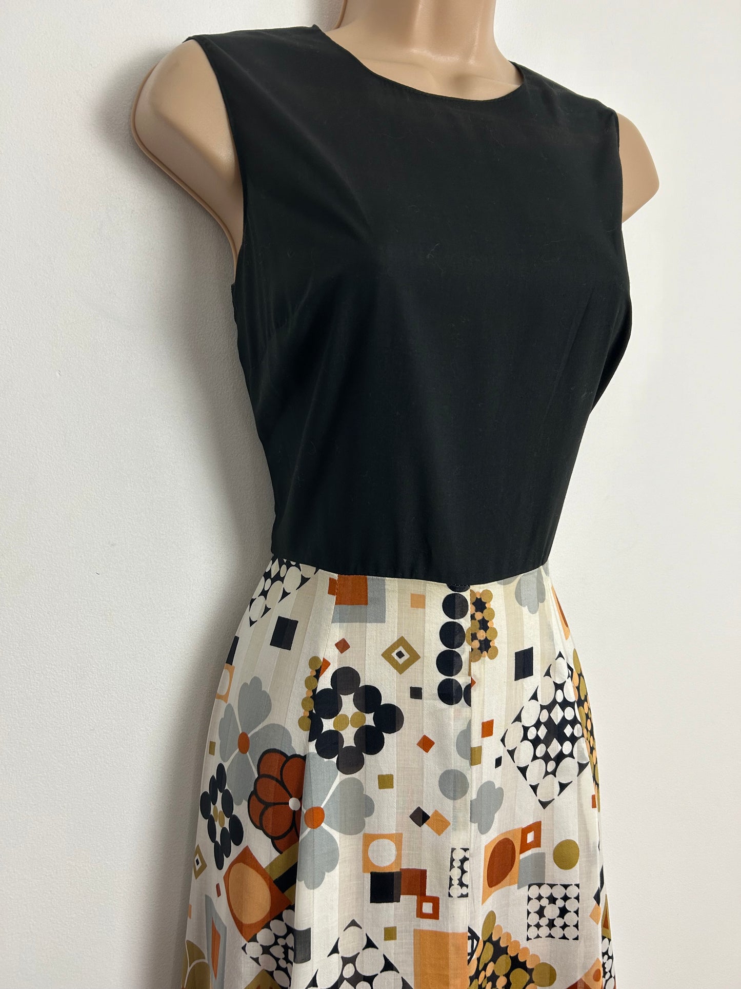 Vintage 1970s UK Size 8 Black White Rusty Brown Sandy Beige & Grey Floral Square & Spot Print Sleeveless Maxi Dress