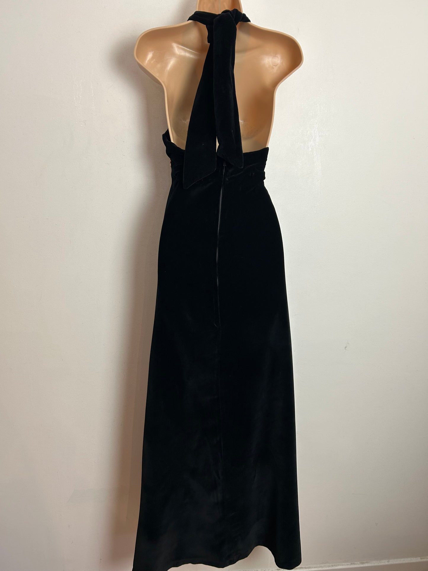 Vintage 1970s UK Size 8 Black Velvet & Gold Braid & Sequin Embellished Halterneck Occasion Evening Maxi Dress
