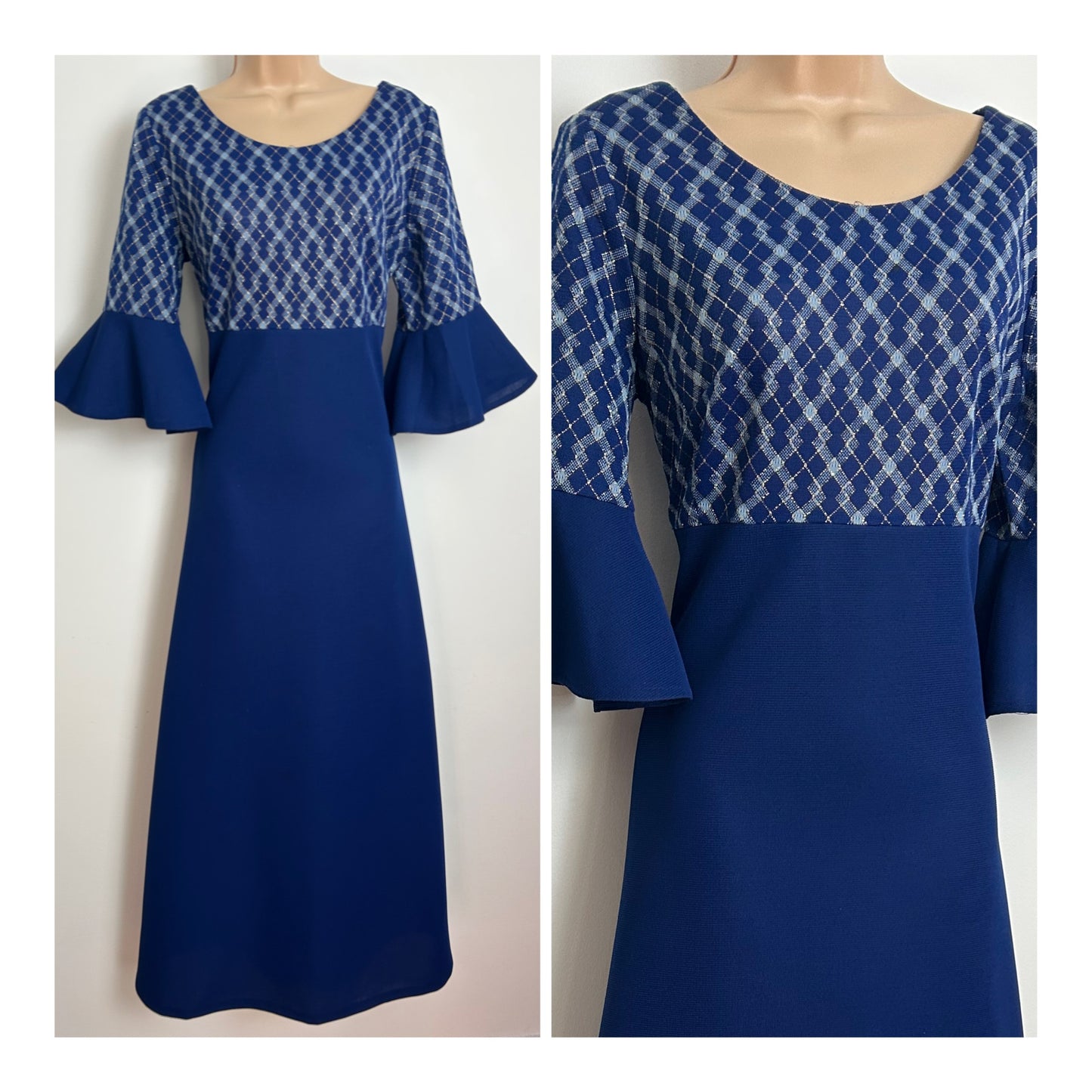 Vintage 1970s CAROL PHASE Size 12 Navy Blue & Gold Metallic Check Bodice Flared Cuff Evening Maxi Dress