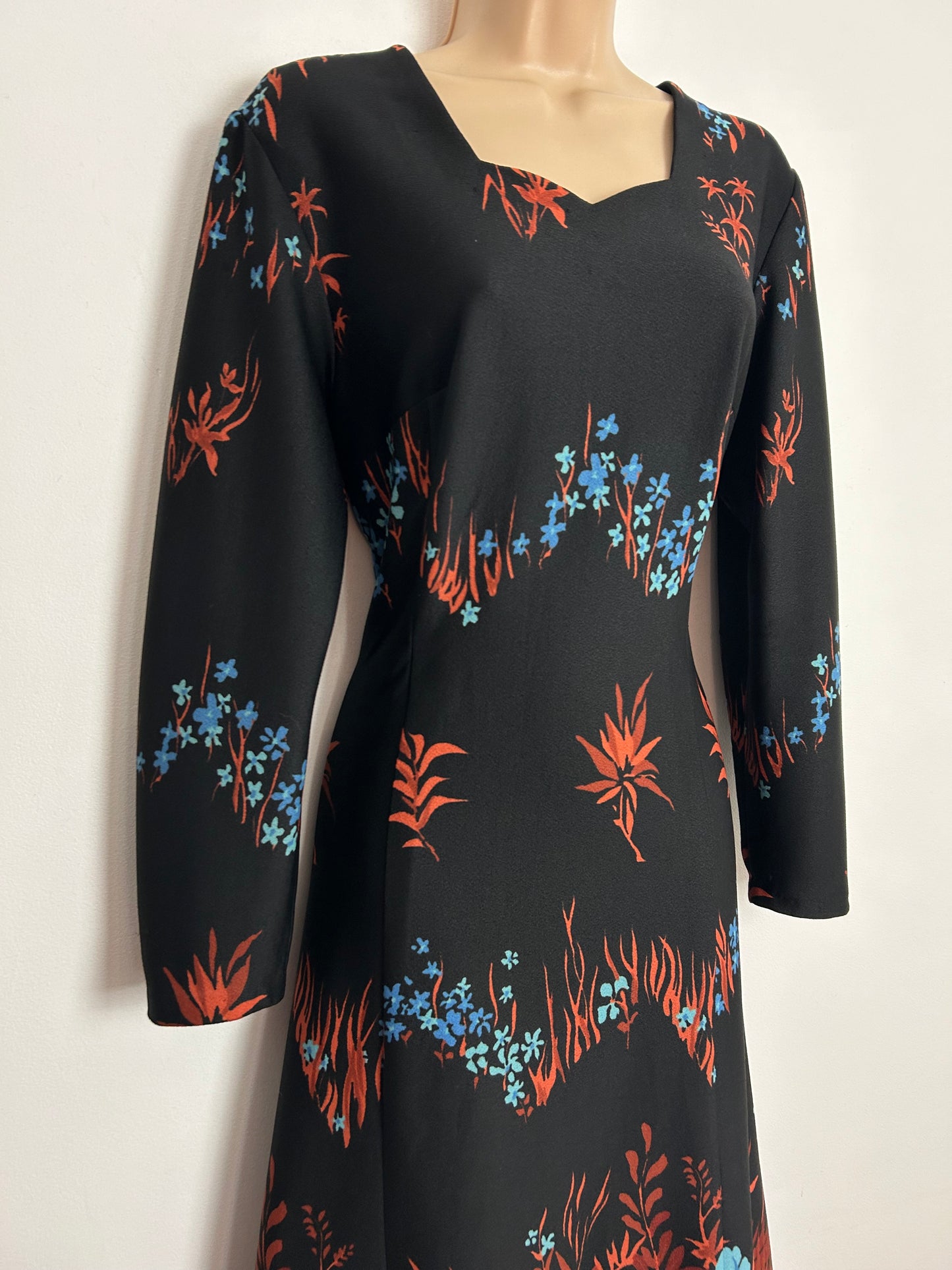 Vintage 1970s UK Size 10-12 Black Rusty Orange & Blue Floral Print Long Sleeve Maxi Dress