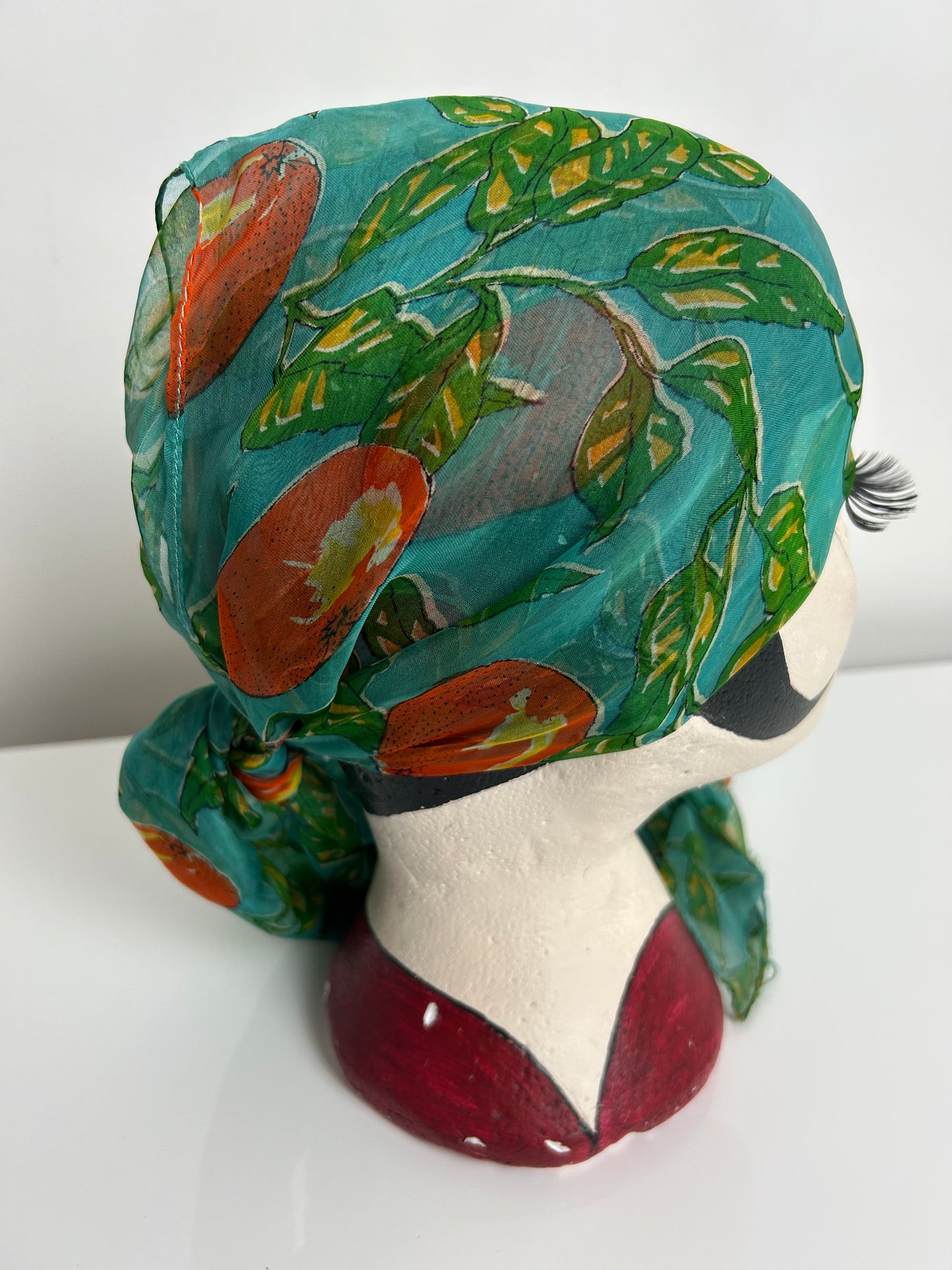 Vintage Turquoise Orange & Green Orange Fruit & Leaf Print Long Chiffon Scarf 103cm x 52cm