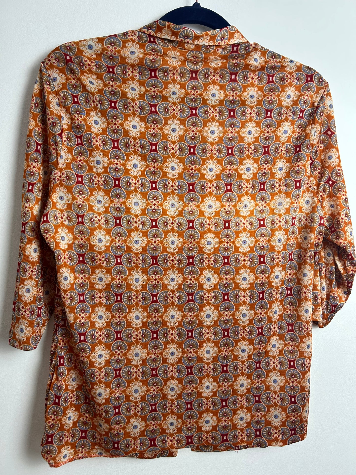 Vintage 1970s Size 12-14 Rusty Orange Blue & Dark Red Abstract Circle Print Long Sleeve Shirt