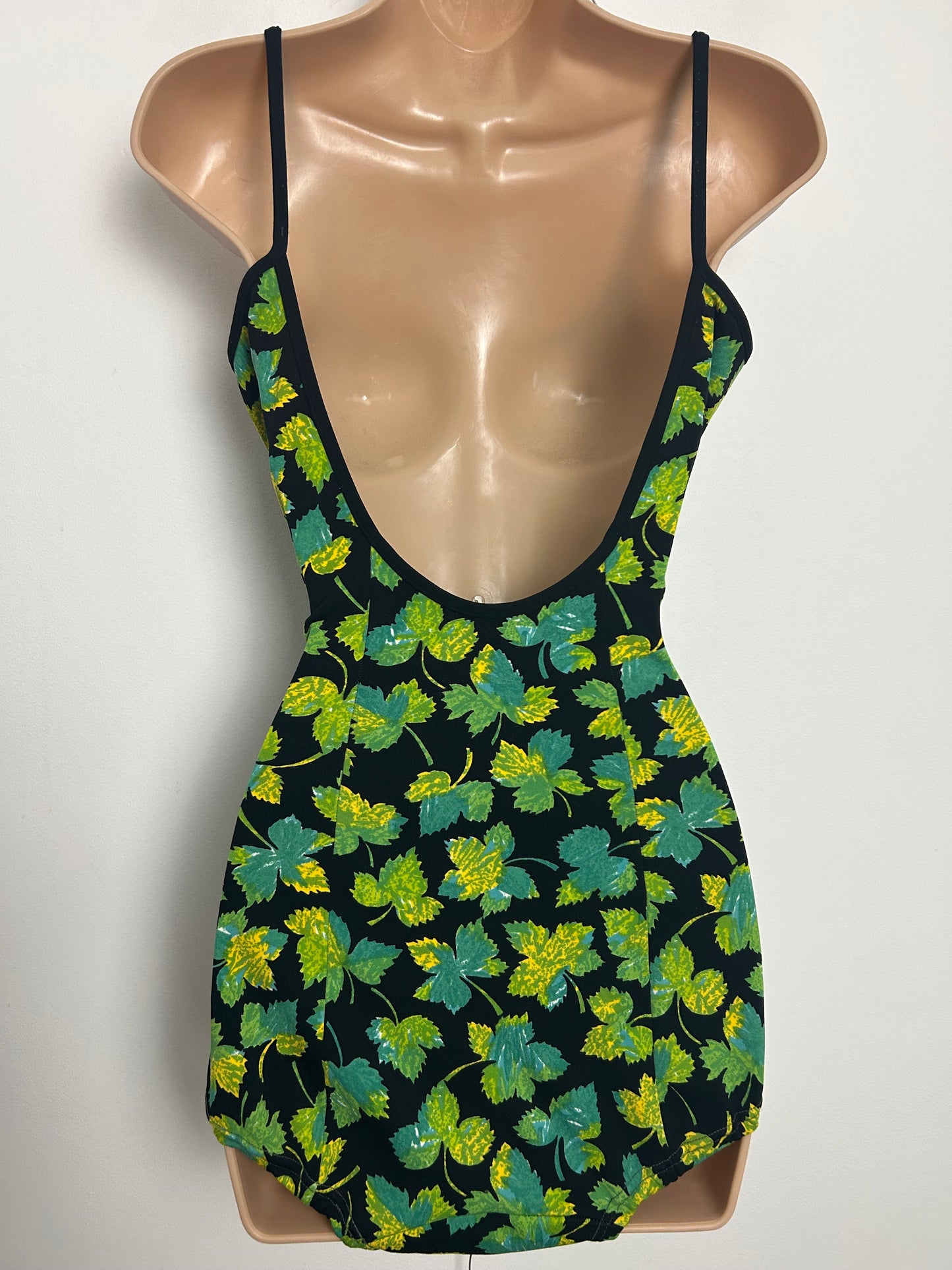 Vintage Late 1960s SYMPHONIE Size 10 Black Green & Yellow Leaf Print One Piece Swimsuit