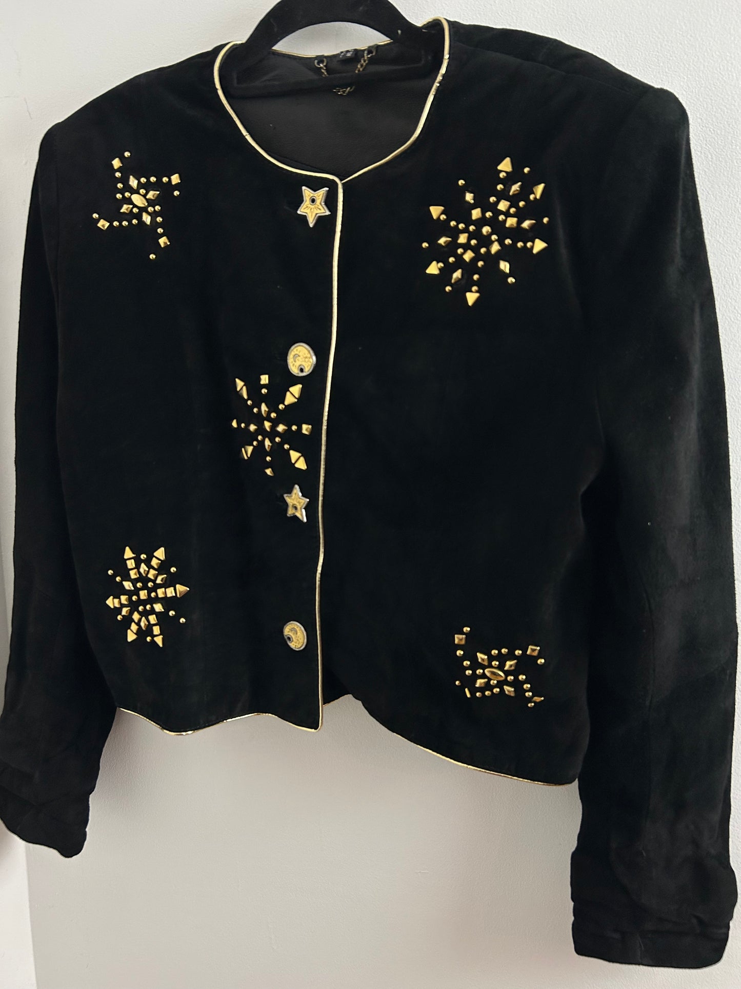 Vintage 1980s YESSICA @ C&A UK Size 12-14 Black Suede Gold Stud Detail Cropped Jacket