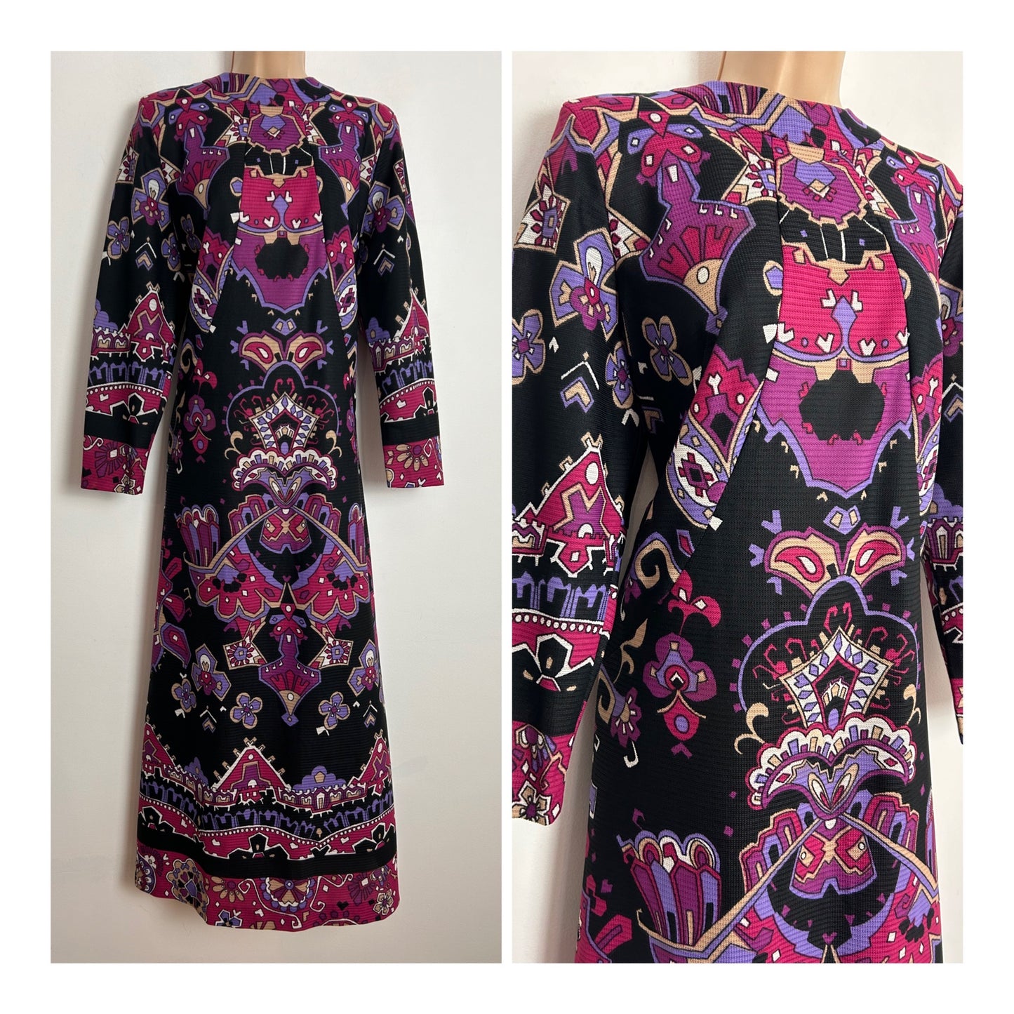 Vintage 1970s NORMAN LINTON UK Size 16 Black Purple & Pink Abstract Print Long Sleeve Maxi Dress