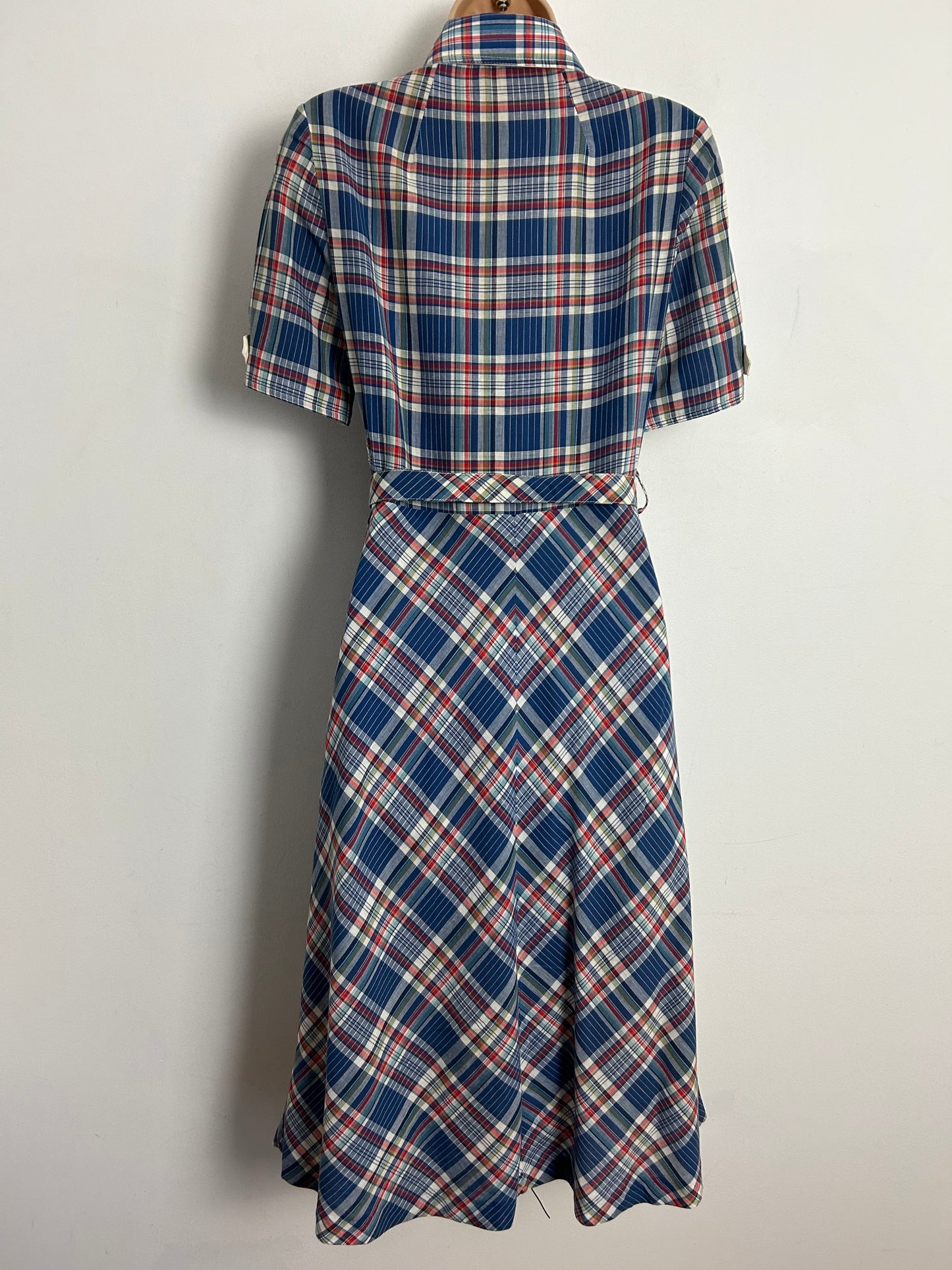Vintage Late 1970s UK Size 8 Blue Red & White Check Print Cotton Pocket Detail Belted Day Dress