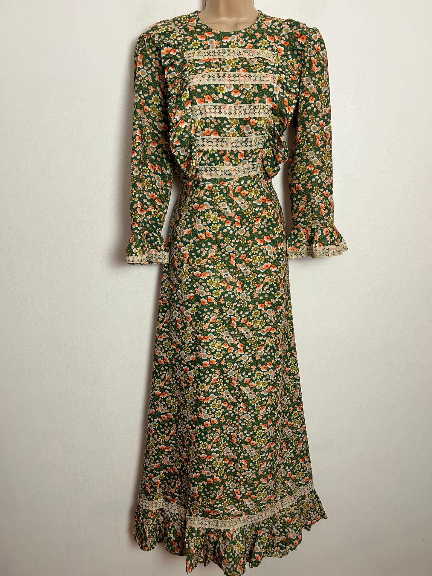 Vintage 1970s UK Size 10 Pretty Green & Orange Floral Print Lace Trim Prairie Maxi Dress