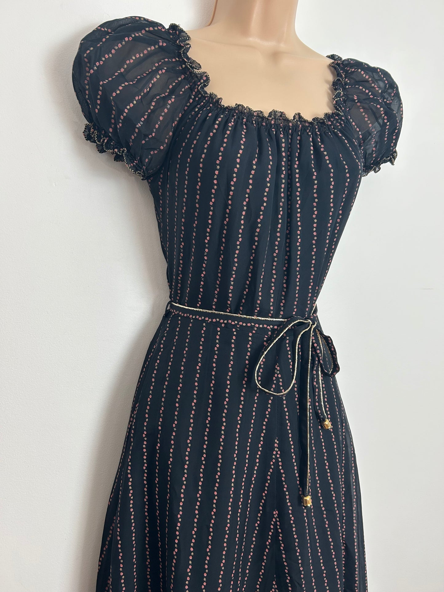 Vintage 1970s PUSZTA Size 6 Black & Dusky Pink Floral Stripe Print On/Off Shoulder Short Sleeve Belted Maxi Dress