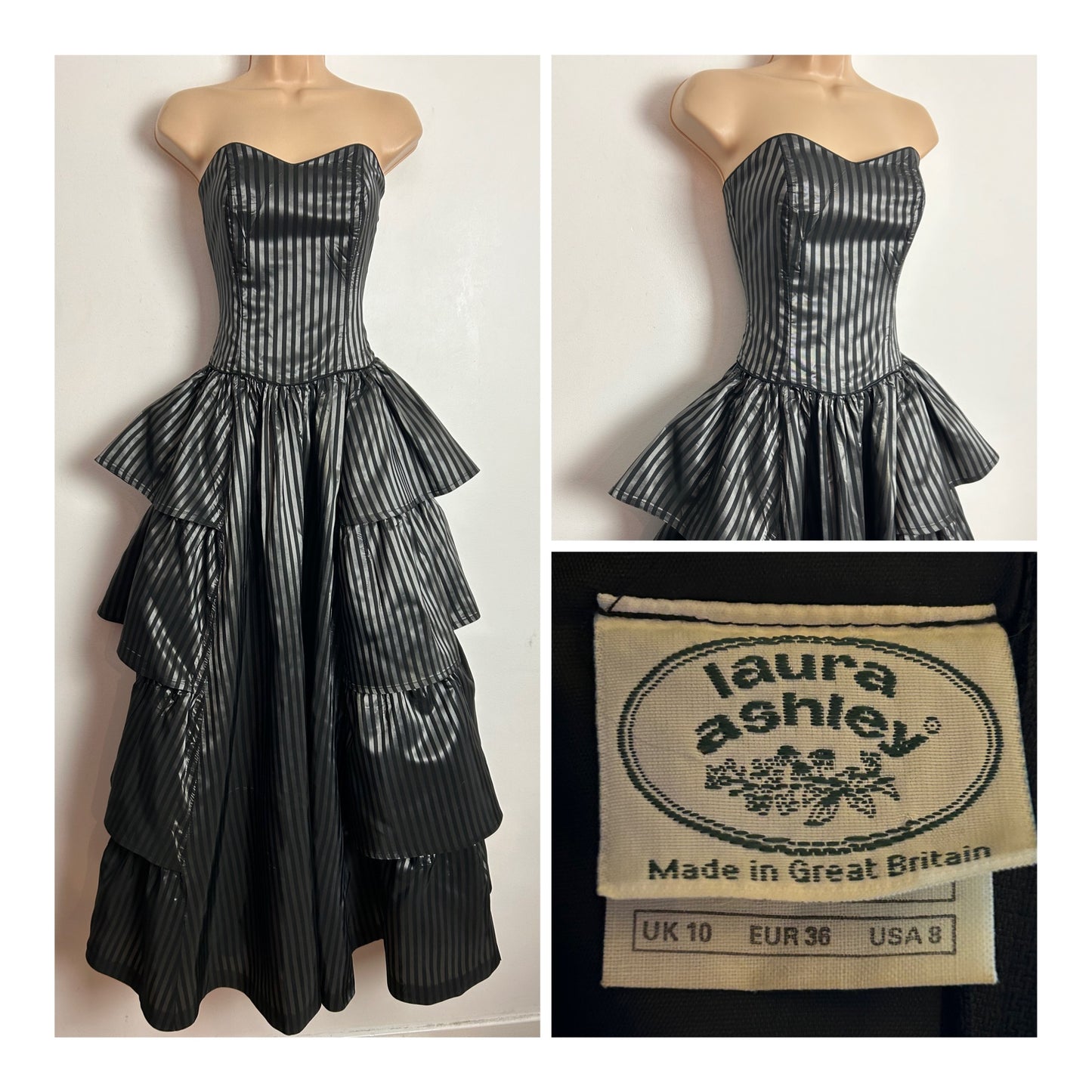 Vintage 80s LAURA ASHLEY UK Size 6-8 (Size 10 On Label) Strapless Black & Dark Silver Stripe Tiered Full Length Ballgown