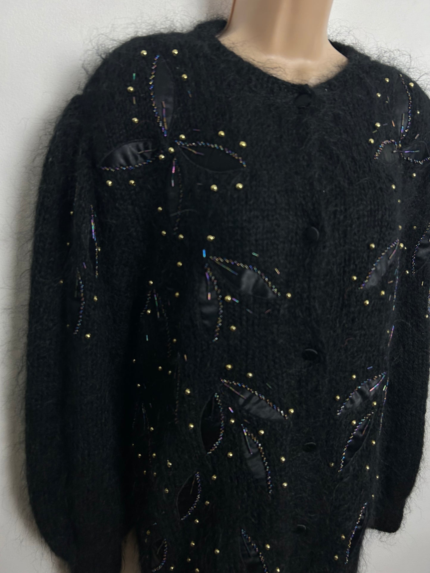 Vintage 1980s Up To Size 18 Black Mohair & Wool mix Satin & Bead Floral Applique Detail Fully Lined Cardigan