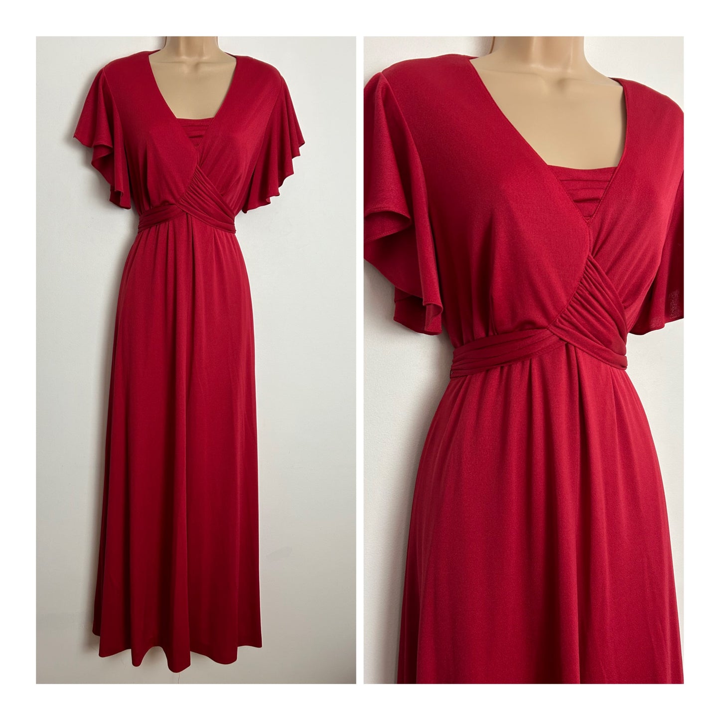 Vintage 1970s UK Size 16 Red Short Flutter Sleeve Mock Wrap Tie Back Boho Maxi Dress