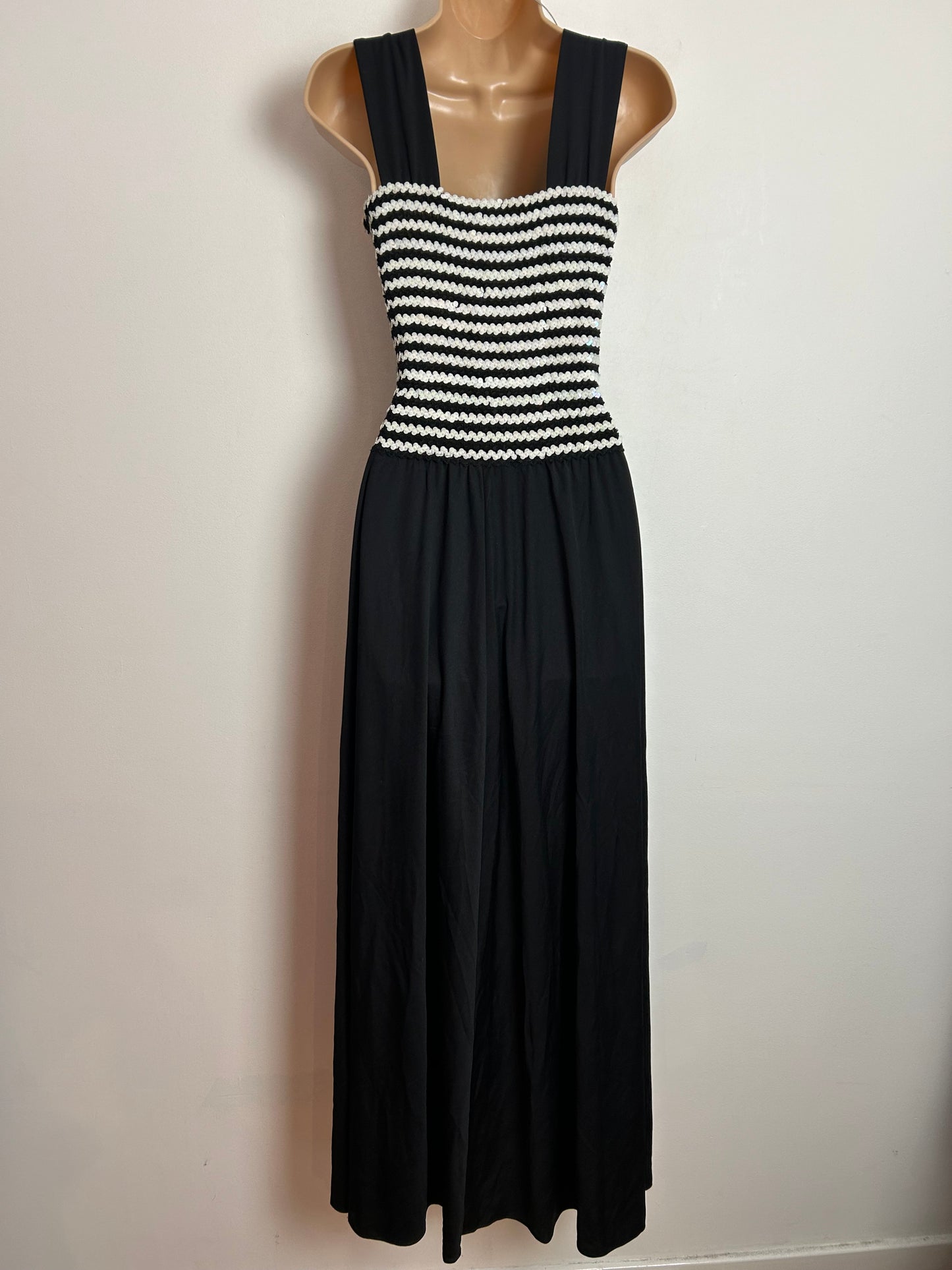 Vintage 1970s UK Size 10-14 Black & White Sequin Stretch Bodice Occasion Evening Maxi Dress