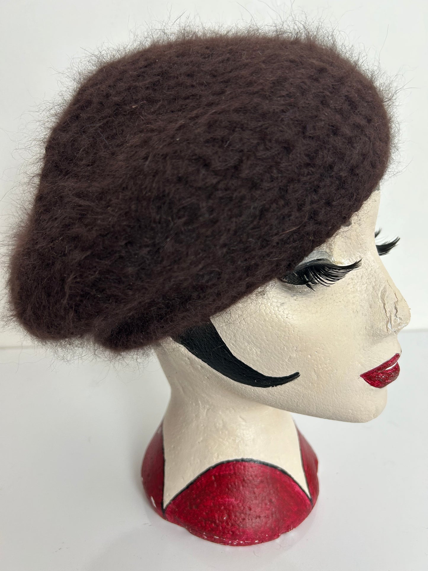 Vintage Handmade Dark Brown Angora & Wool Mix Semi Chunky Knit Beret/Beanie Style Hat
