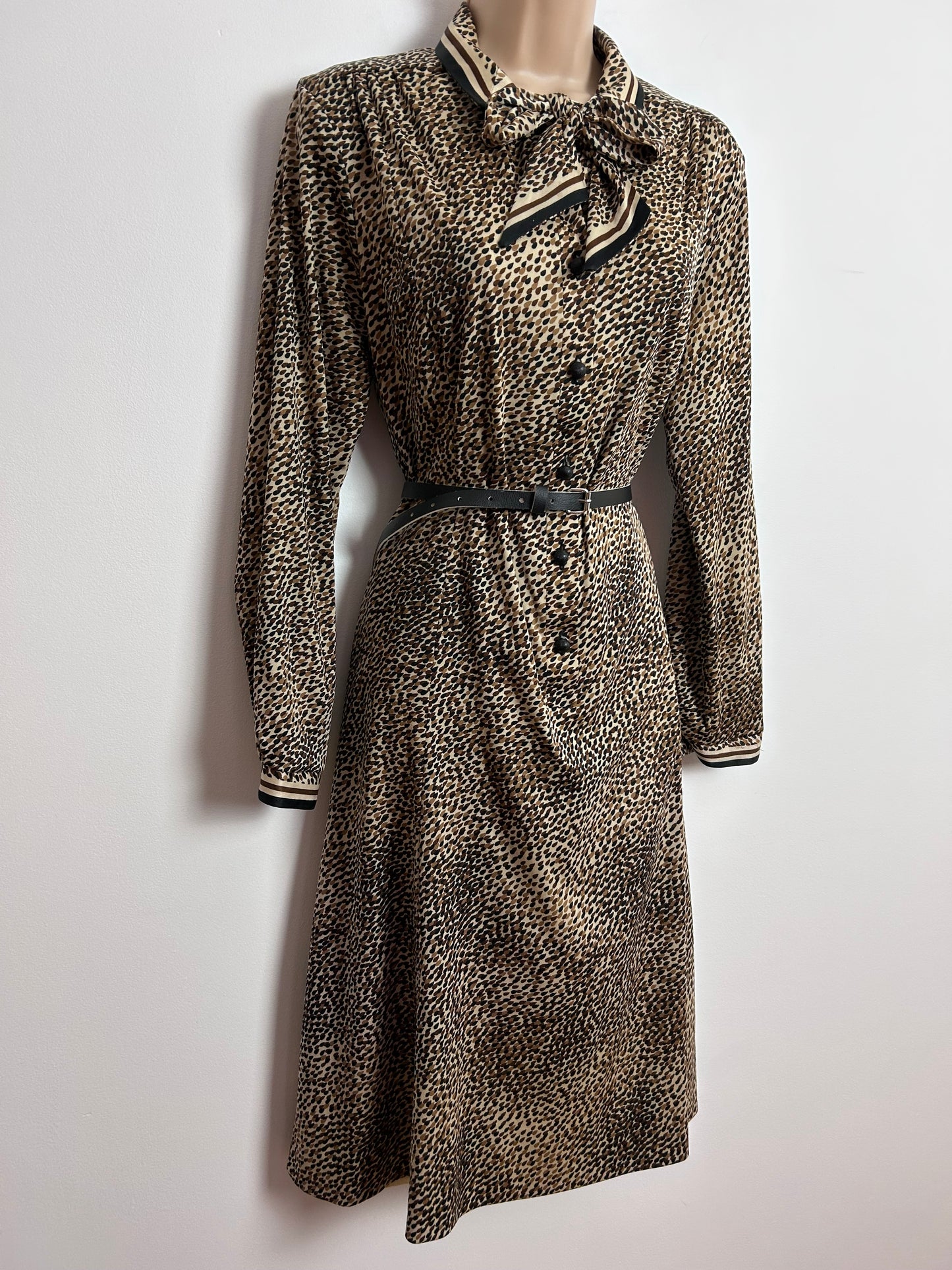 Vintage 1970s UK Size 14 Brown Tones Fleck Print Pussy Bow Long Sleeve Belted Day Dress