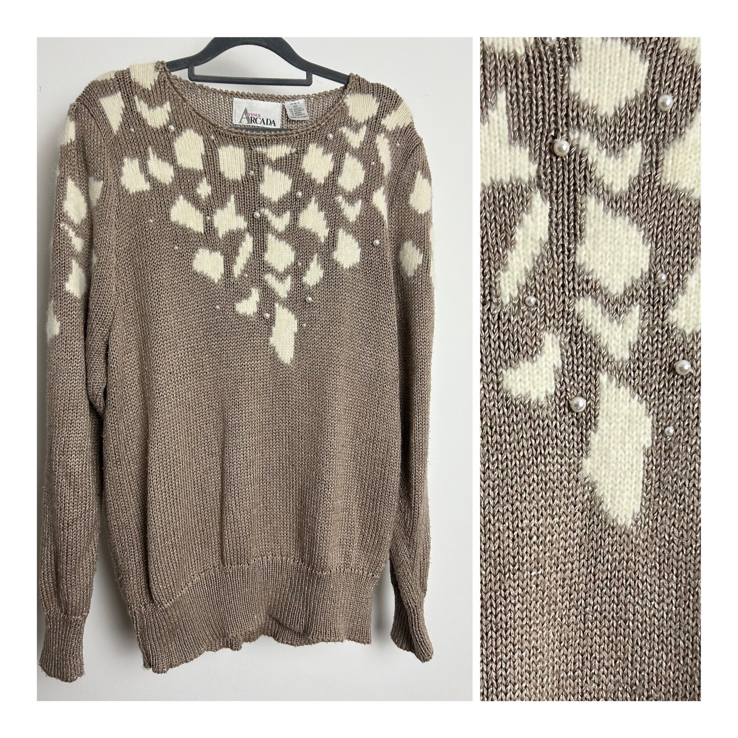 Vintage 1980s ARCADIA AVENUE Up To Size 14/16 Light Brown & Cream Animal Print Bead Detail Jumper