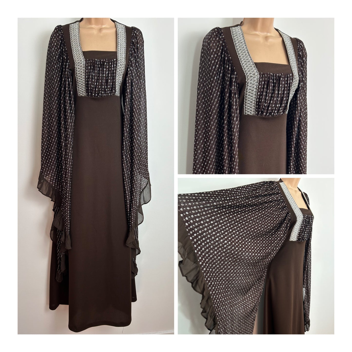 Vintage 1970s LEWIS BARNETT Size 6-8 Brown & Silver Lurex Spot Sleeve VERY Flared Sleeve Maxi Dress