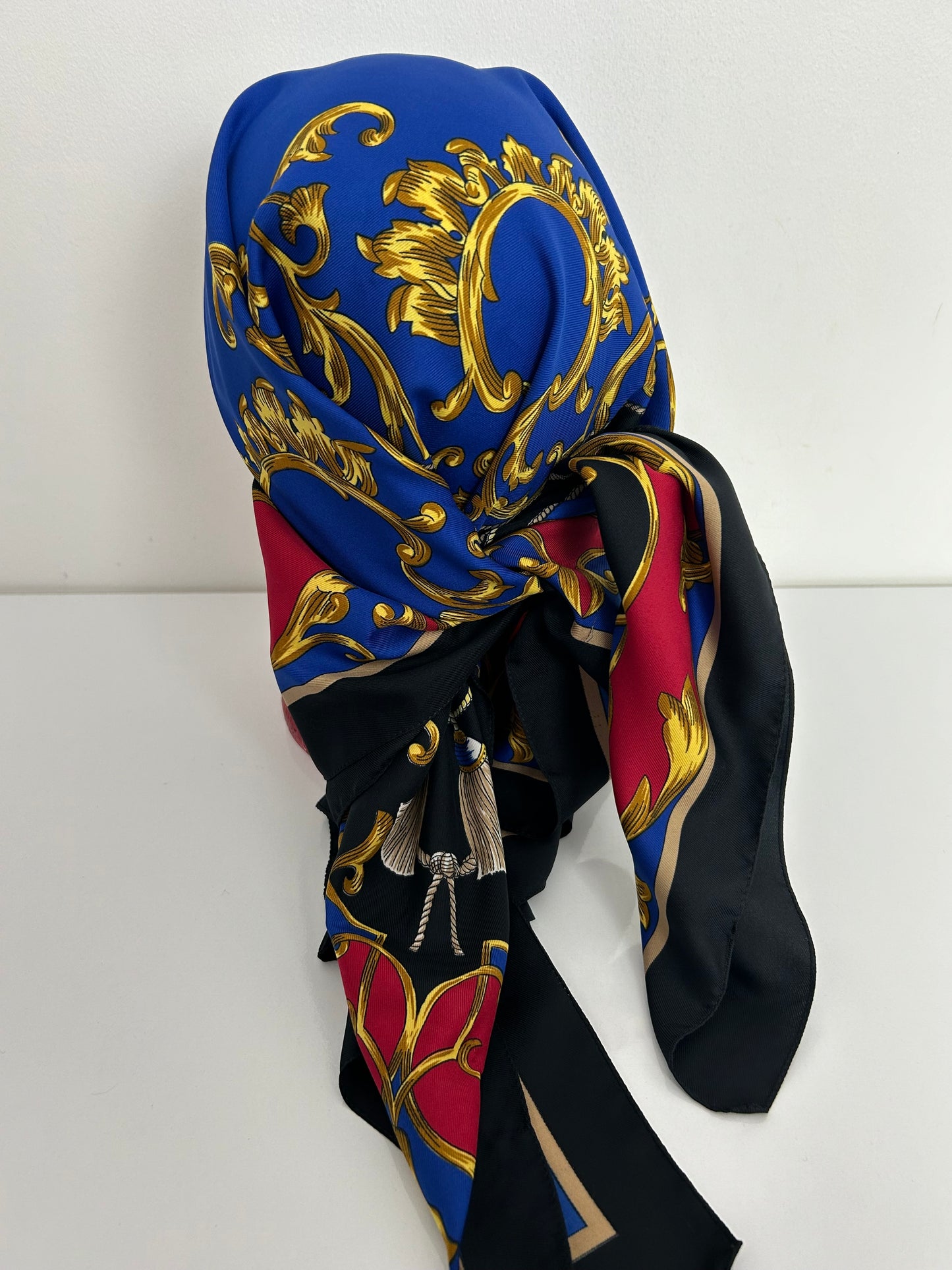Vintage Italian Blue Black & Red Baroque Regalia Print Large Scarf 86cm x 89cm