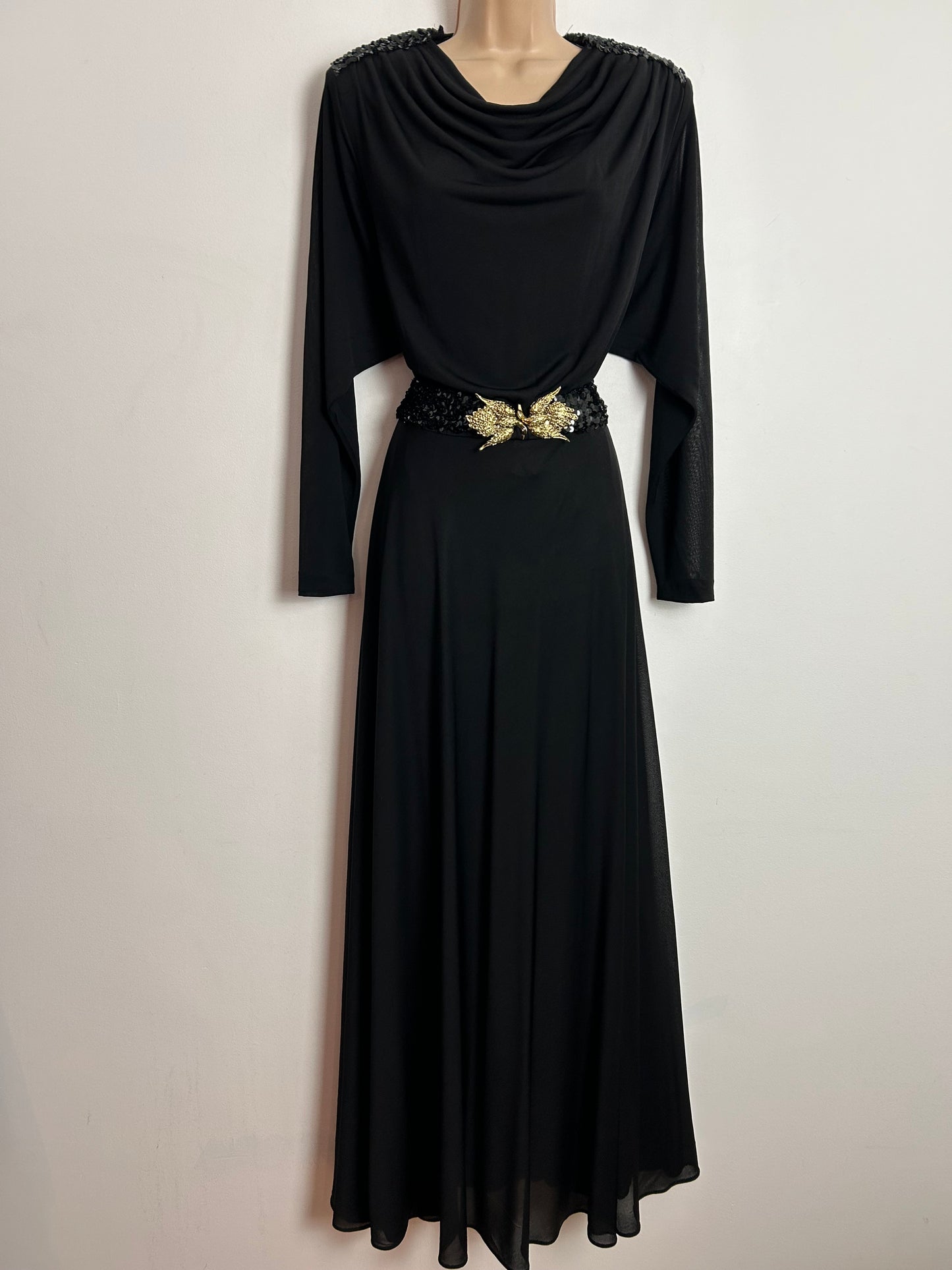 Vintage Early 1980s FINK UK Size 10-12 Black Sequin Detail Cowl Neck Belted Occasion Evening Maxi Dress With Fab Bird Buckle