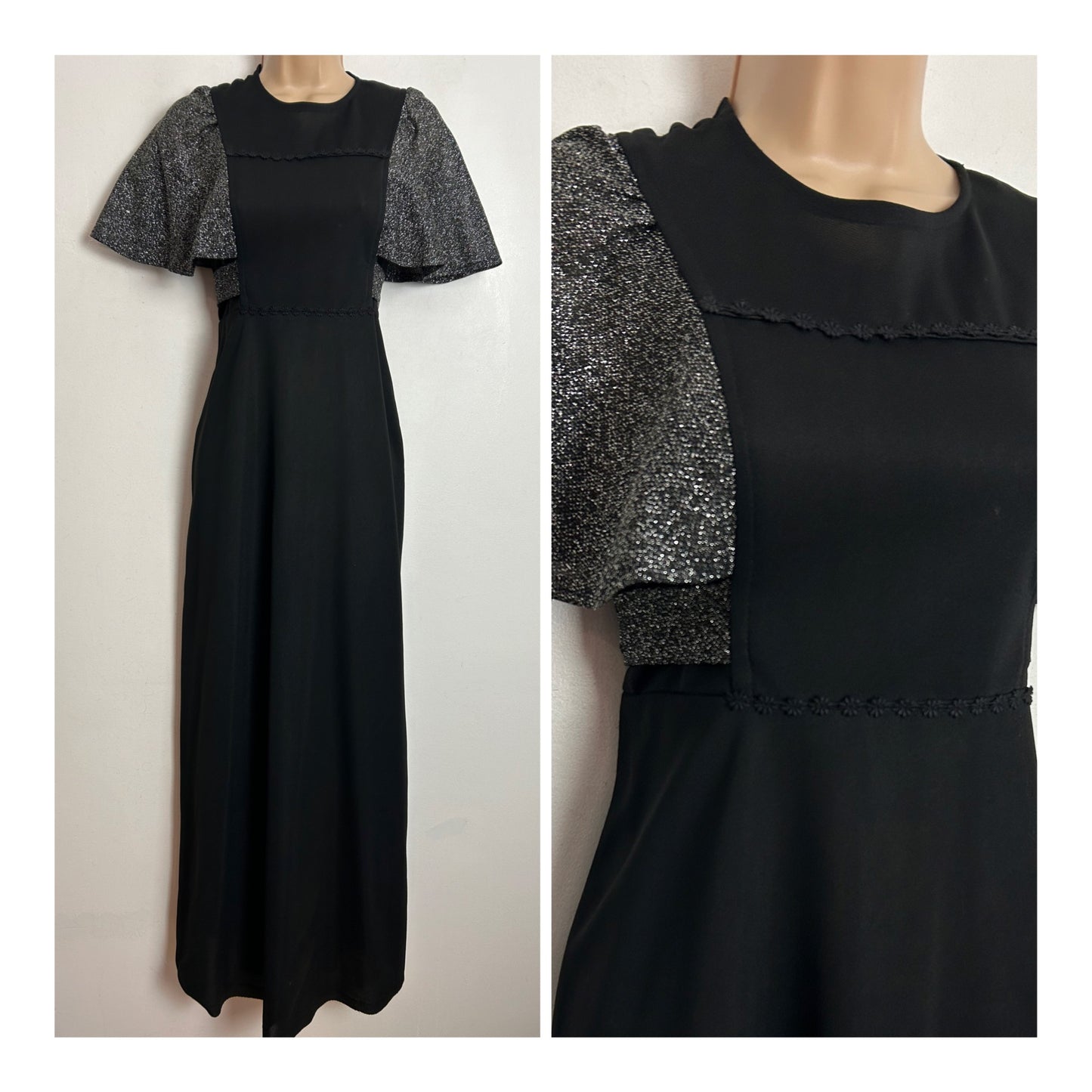 Vintage 1970s UK Size 8-10 Black Maxi Dress With Silver Lurex Contrast & Floral Braid Trim