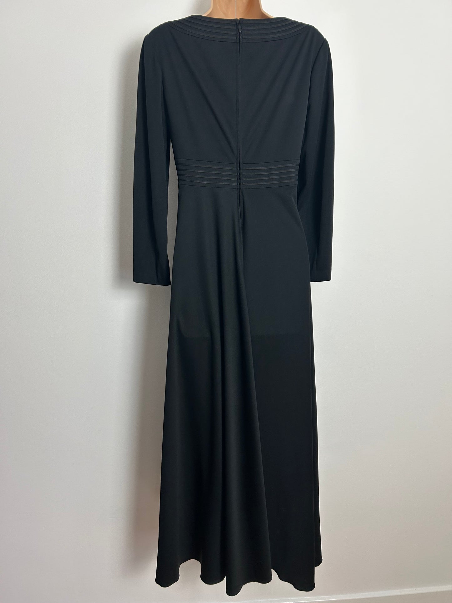 Vintage 1970s YVETTE UK Size 10-12 Black Braid Trim Detailing Long Sleeve Occasion Evening Maxi Dress