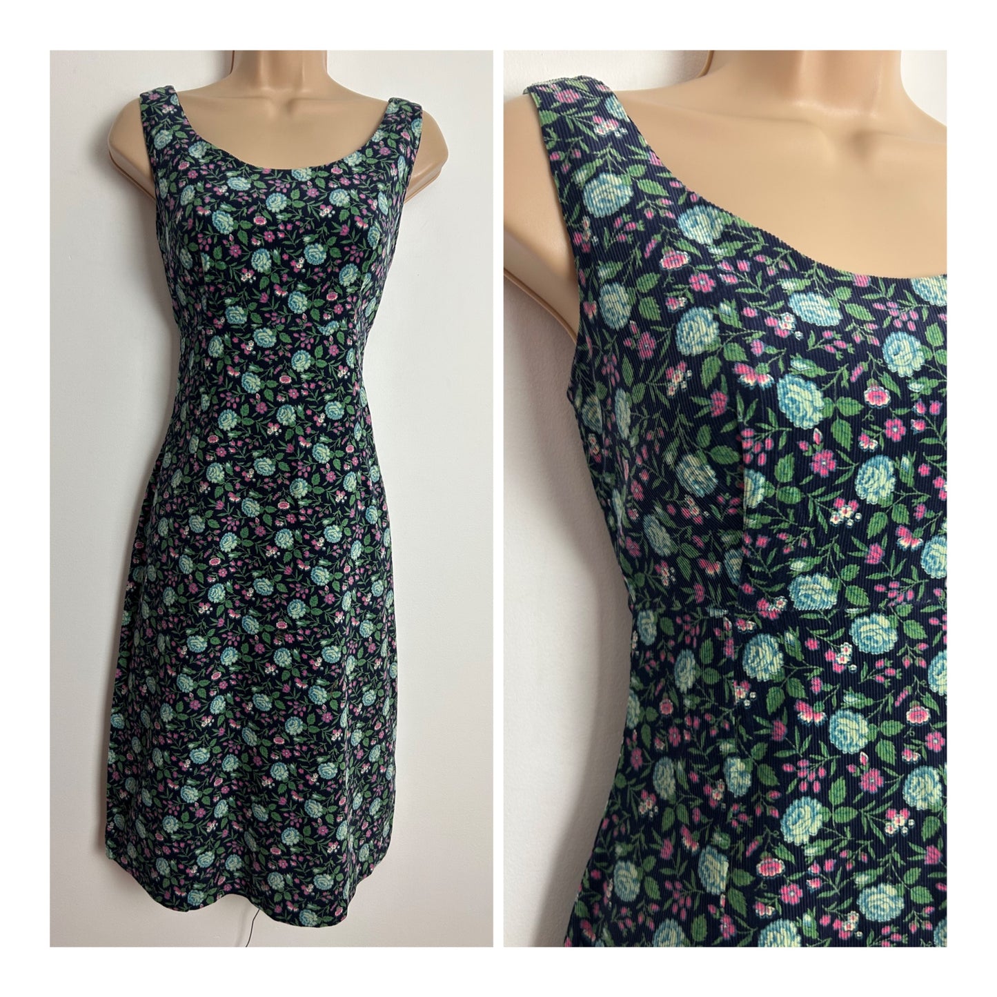 Vintage 1970s FLORINE PARIS Size 8 Navy Blue Pink & Green Floral Print Needlecord Corduroy Day Dress