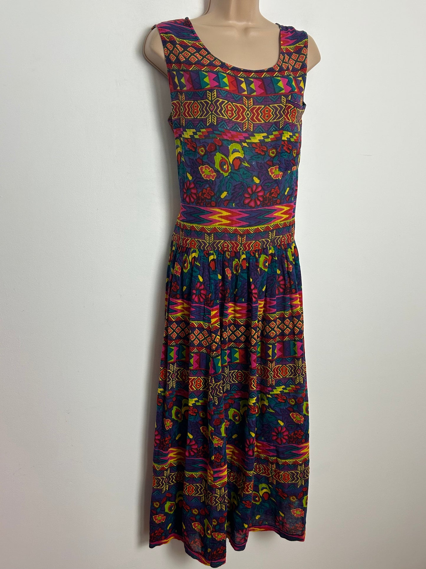 Vintage 1990s BRYN CONNELLY Size M 12 Purple Red Yellow & Green Abstract Print Indian Cotton Gather Pleated Smock Style Midi Dress