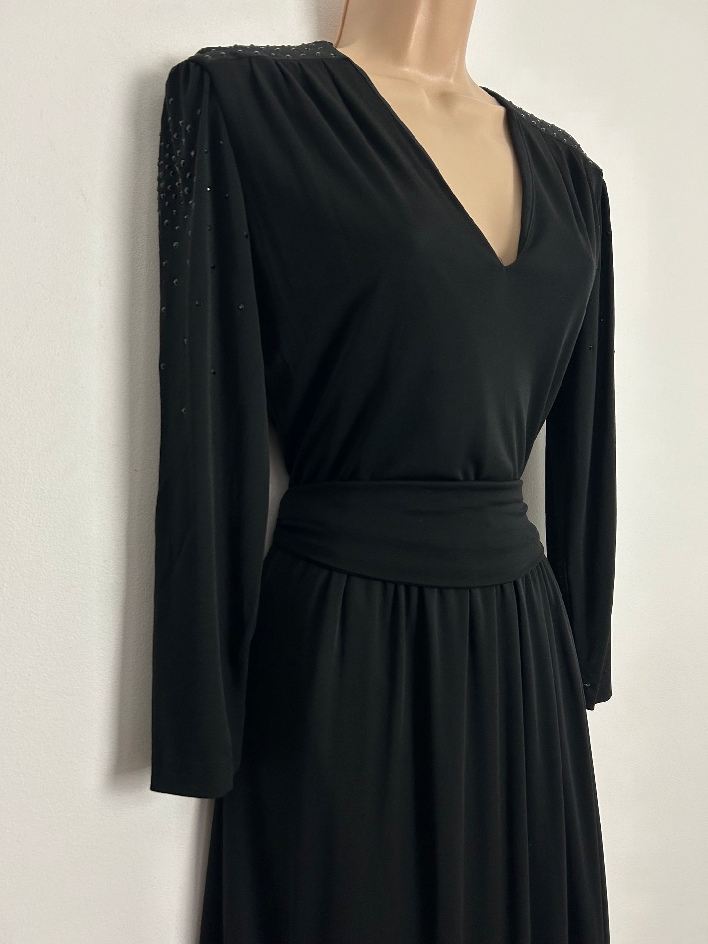 Vintage 1970s FINK MODELL UK Size 12 Black Diamante Detail Long Sleeve Belted Evening Occasion Maxi Dress