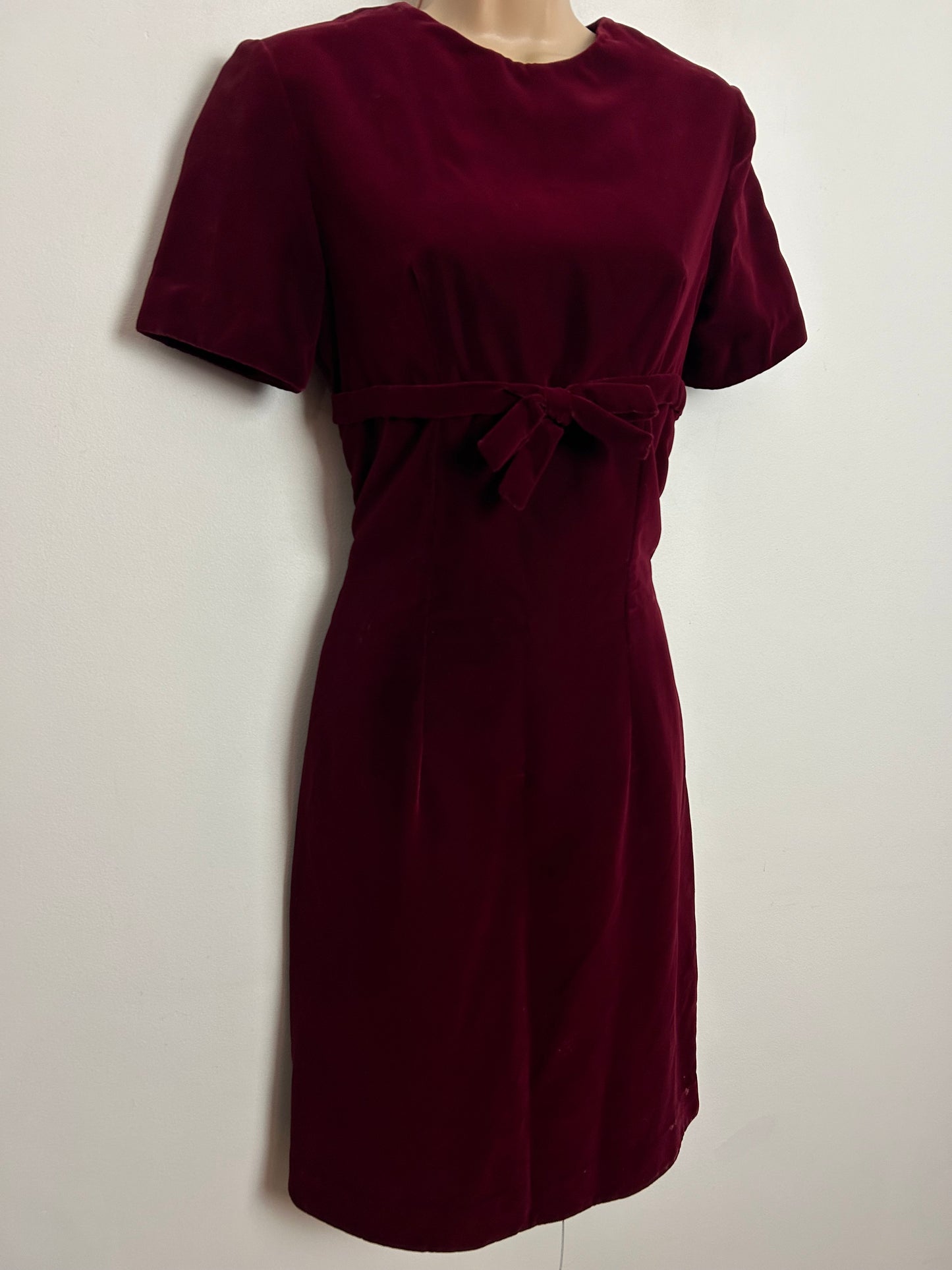 Vintage 1960s UK Size 10 Claret Red Velvet Short Sleeve Bow Detail Christmas Dress