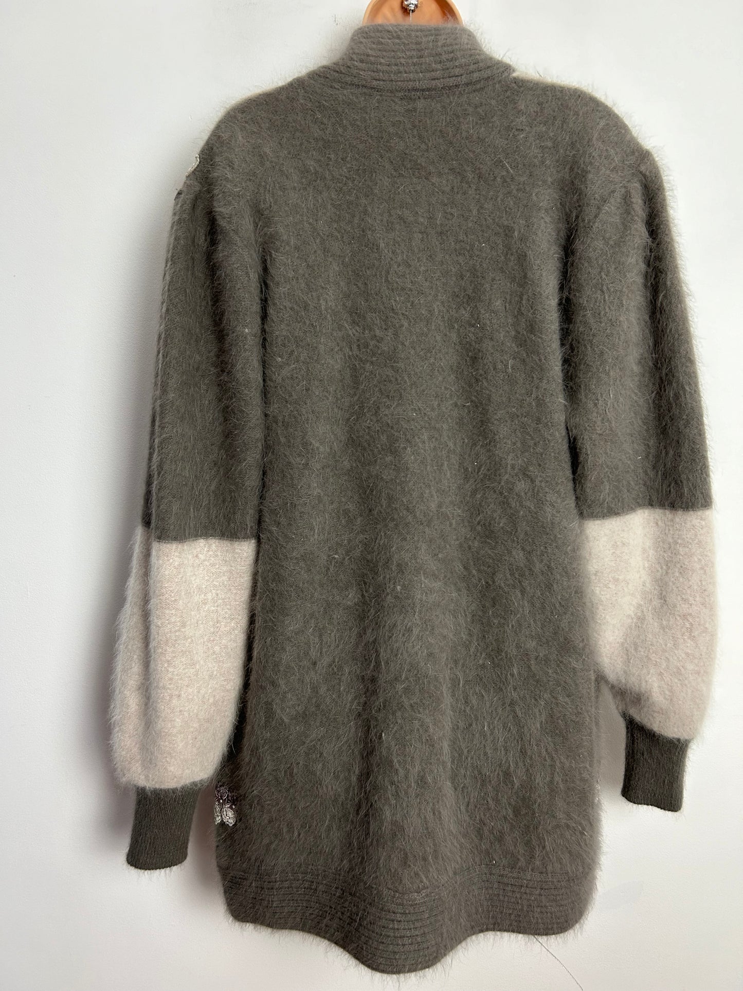 Vintage 1980s One Size Slouchy 80% Angora Grey Tones Applique Embellished Long Line Open Fronted Cardigan/Coatigan