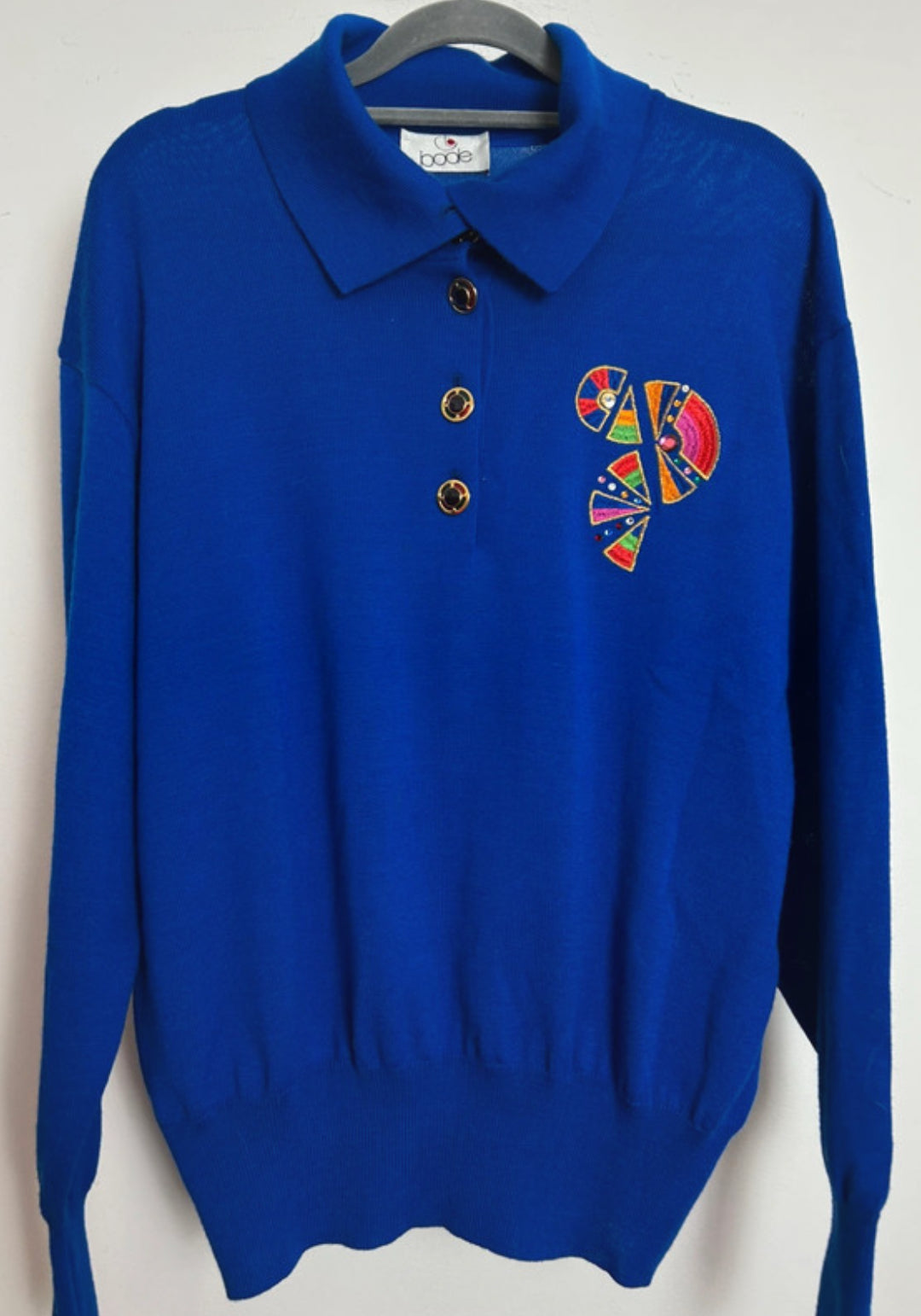 Vintage 1980s BODE Size 14 Electric Blue Wool Mix Collared Lightweight Jumper