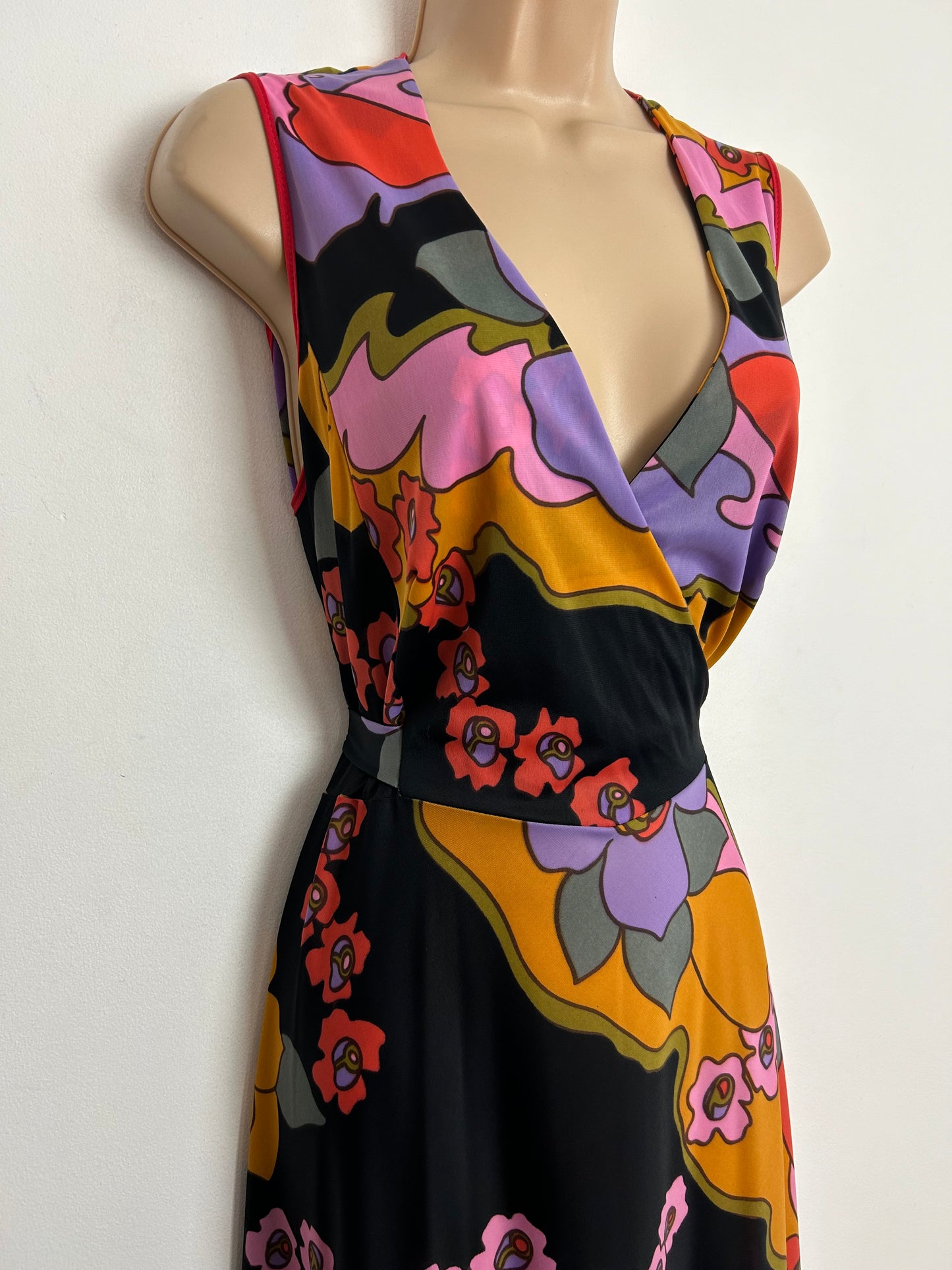 Vintage 1970s UK Size 14 Black Pink Lilac Orange & Mustard Yellow Lightweight Nylon Maxi Dress