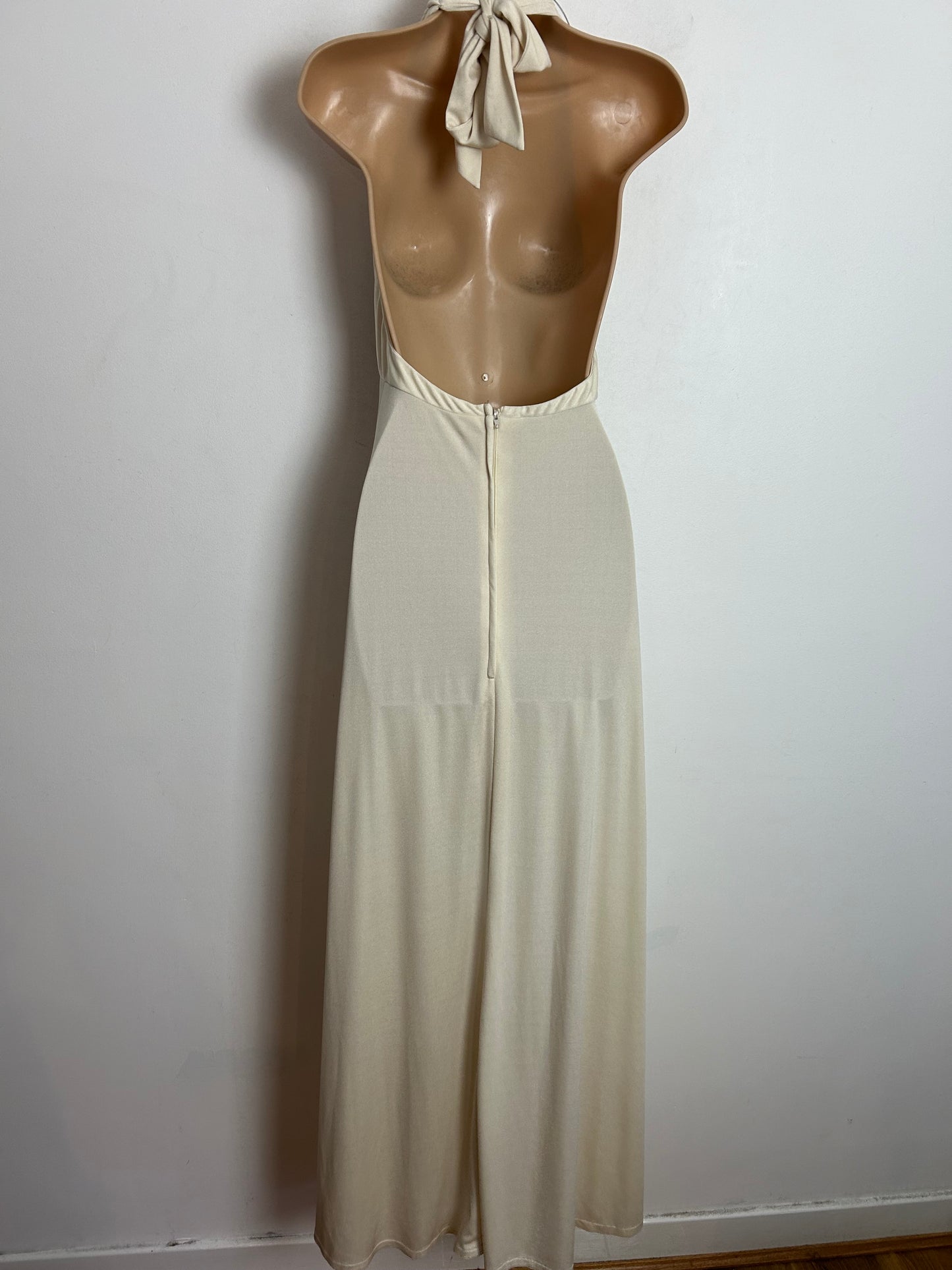 Vintage 1970s UK Size 6-8 Cream Plunge Neck Plaited Halterneck Strap Grecian Style Occasion Dress