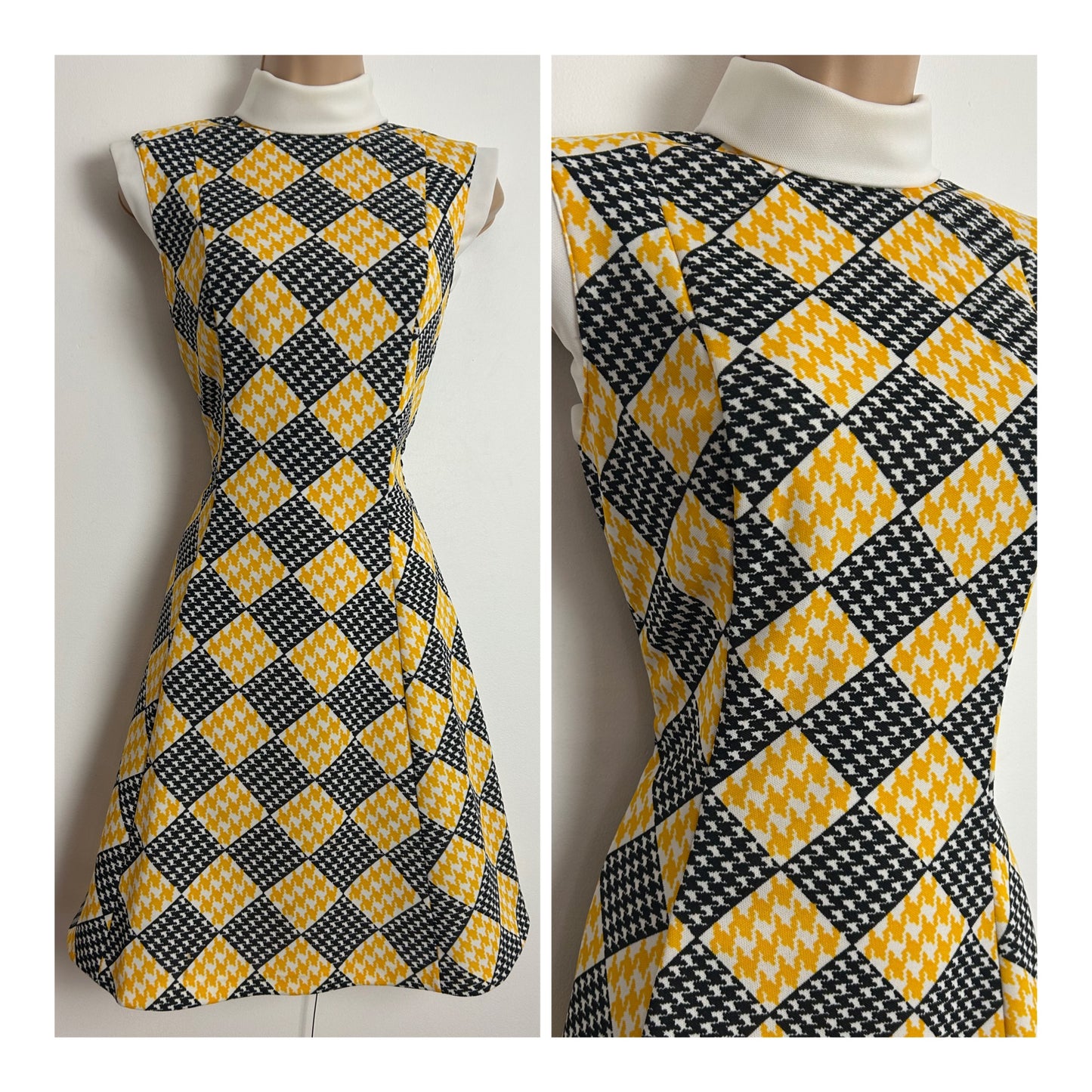 Vintage 1960s Size 8 Black Yellow & White Diamond Check & Dogtooth Sleeveless Mod Shift Dress