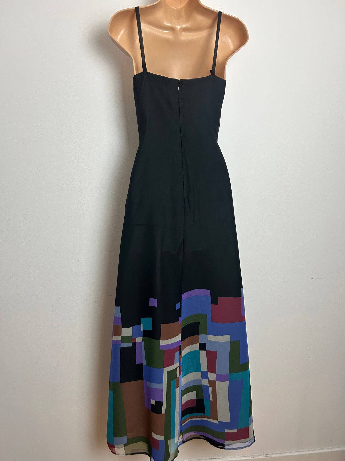 Vintage Late 1970s HOFFMANN Size 10 Black & Multi Colour Abstract Print Strappy Chiffon Maxi Dress